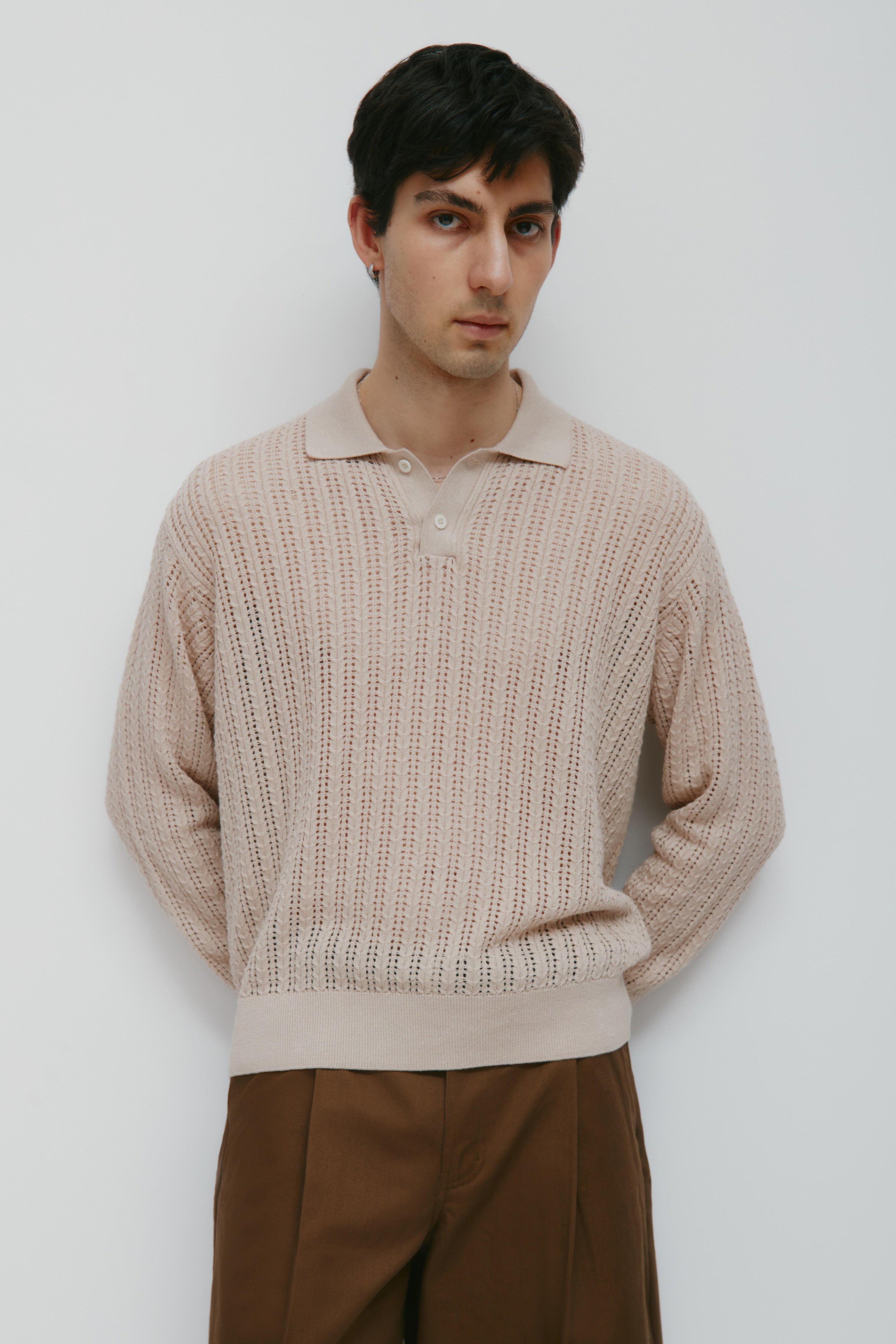 Polo à manches longues en tricot pour homme Jadd en grès