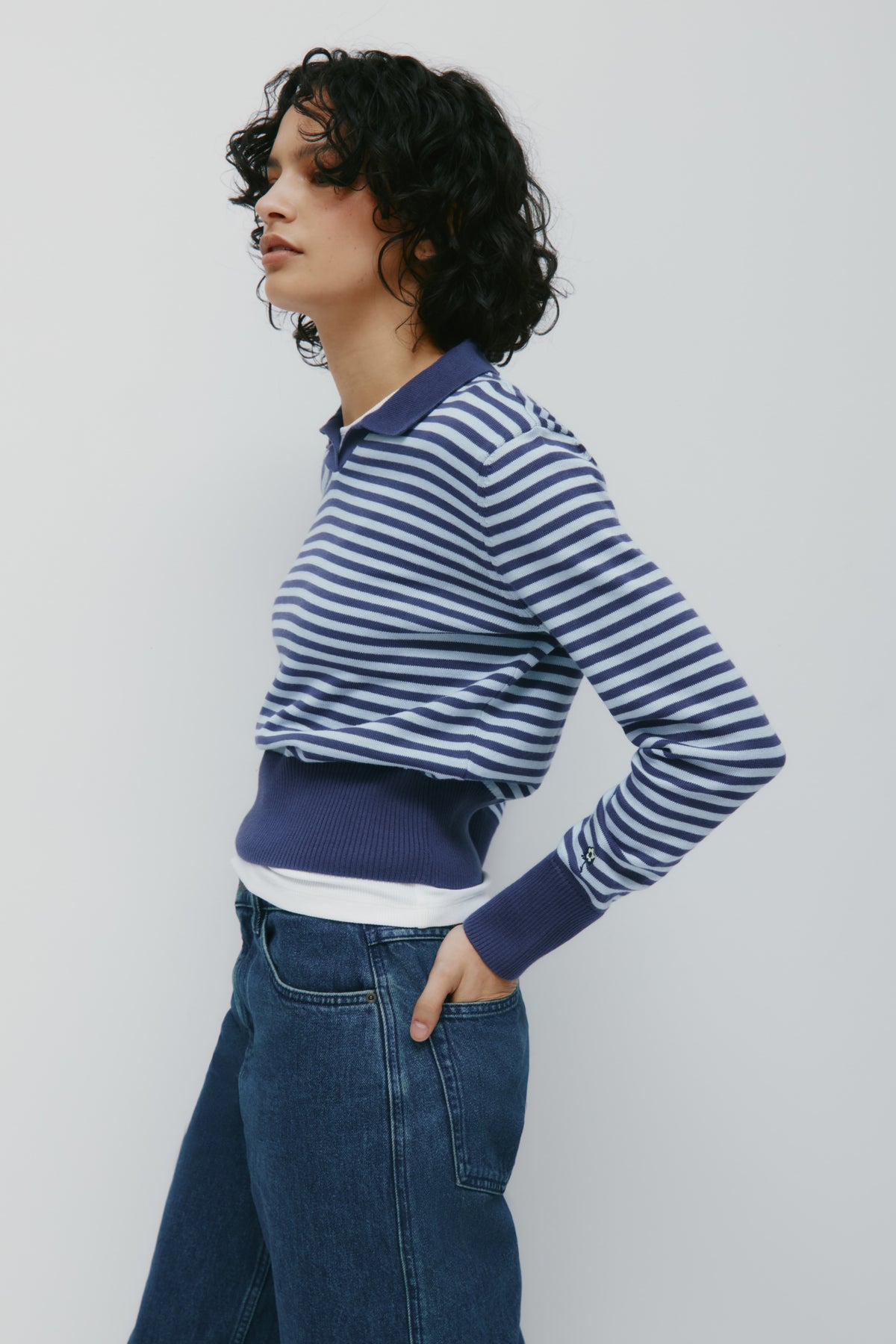 Women's Varsity Polo Sweater in Blue Aura/Dark Indigo Stripe