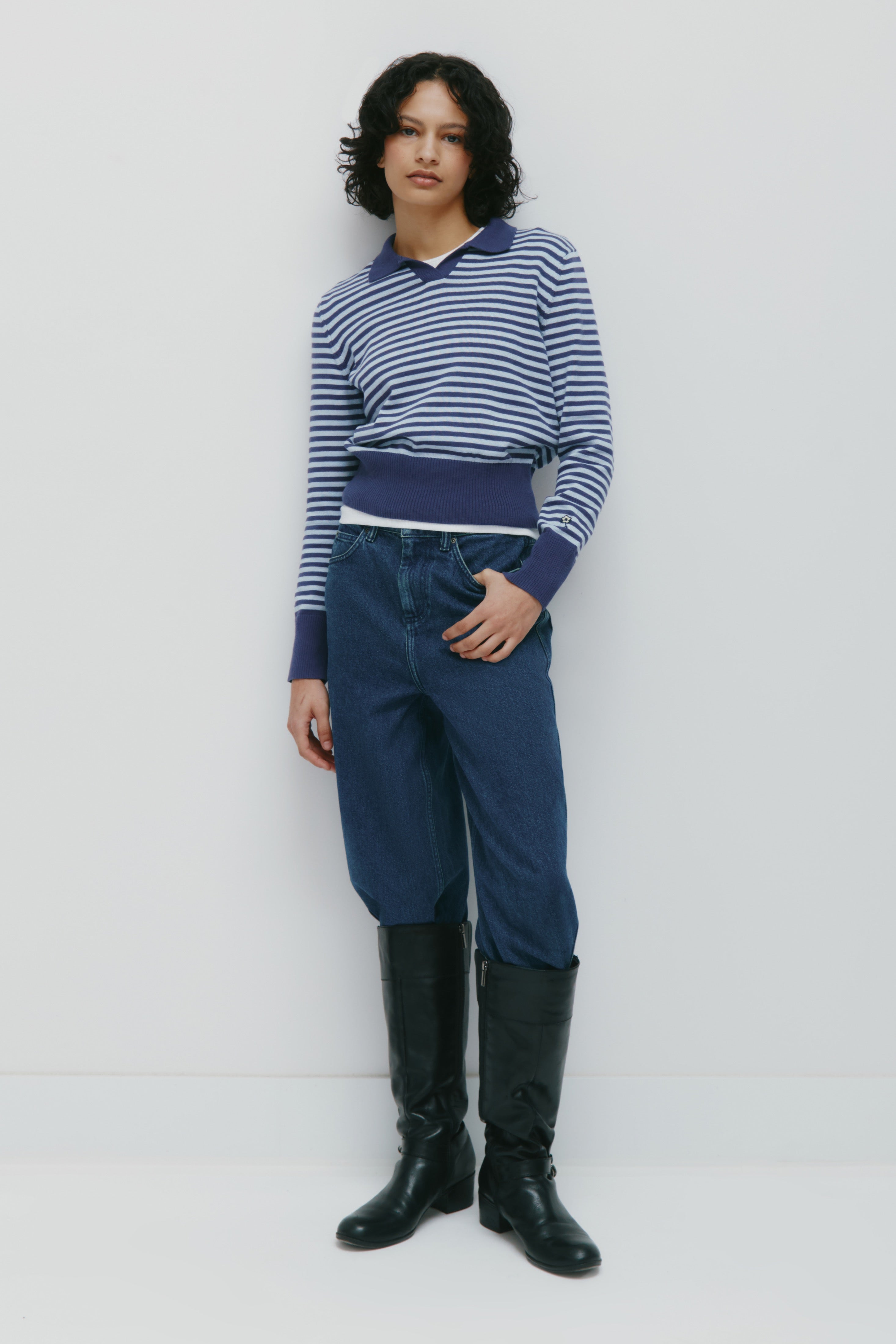 Pull polo universitaire pour femme en rayures aura bleue/indigo foncé