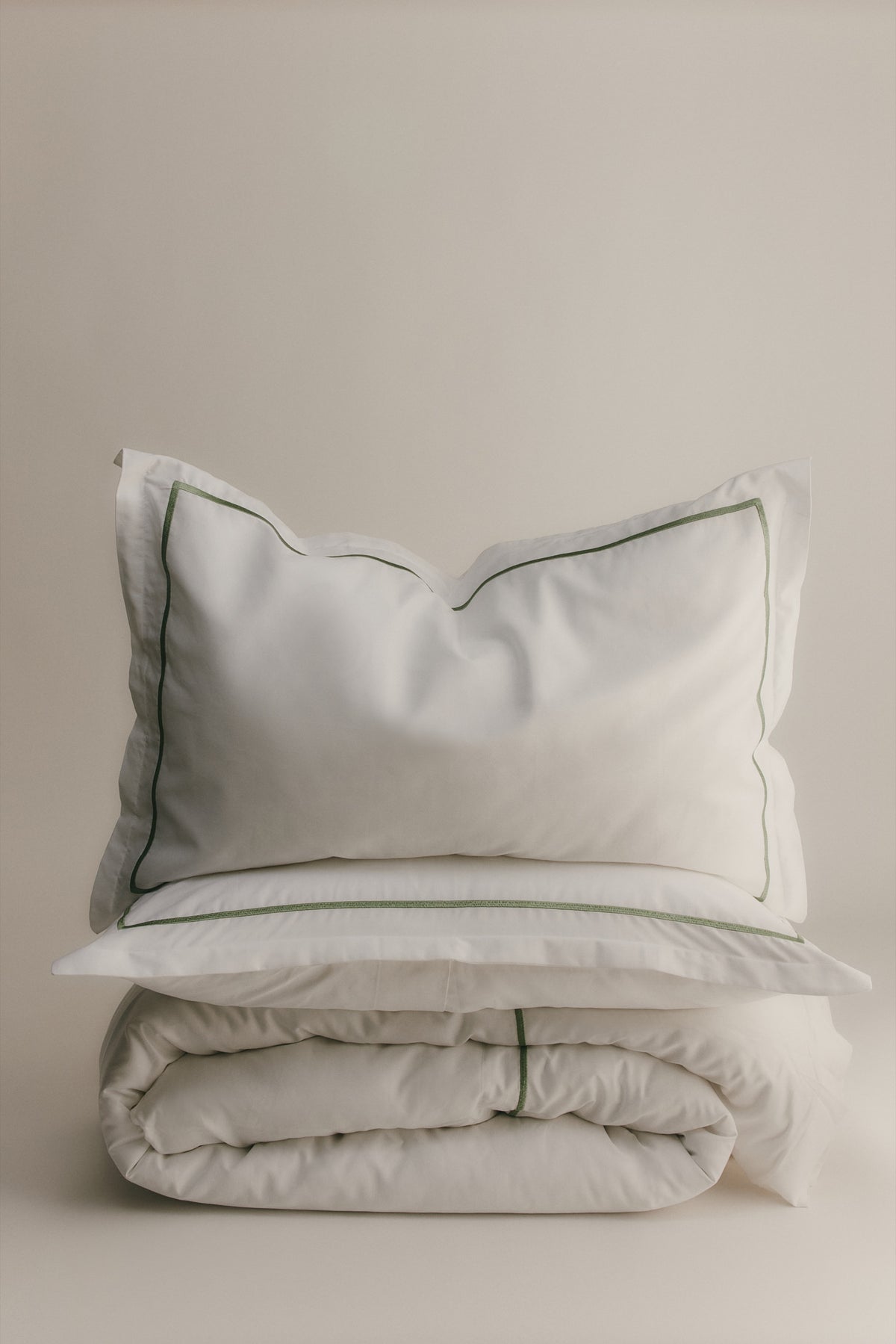 Duvet Cover and Sham Set in White/Hedge Green Embroidery