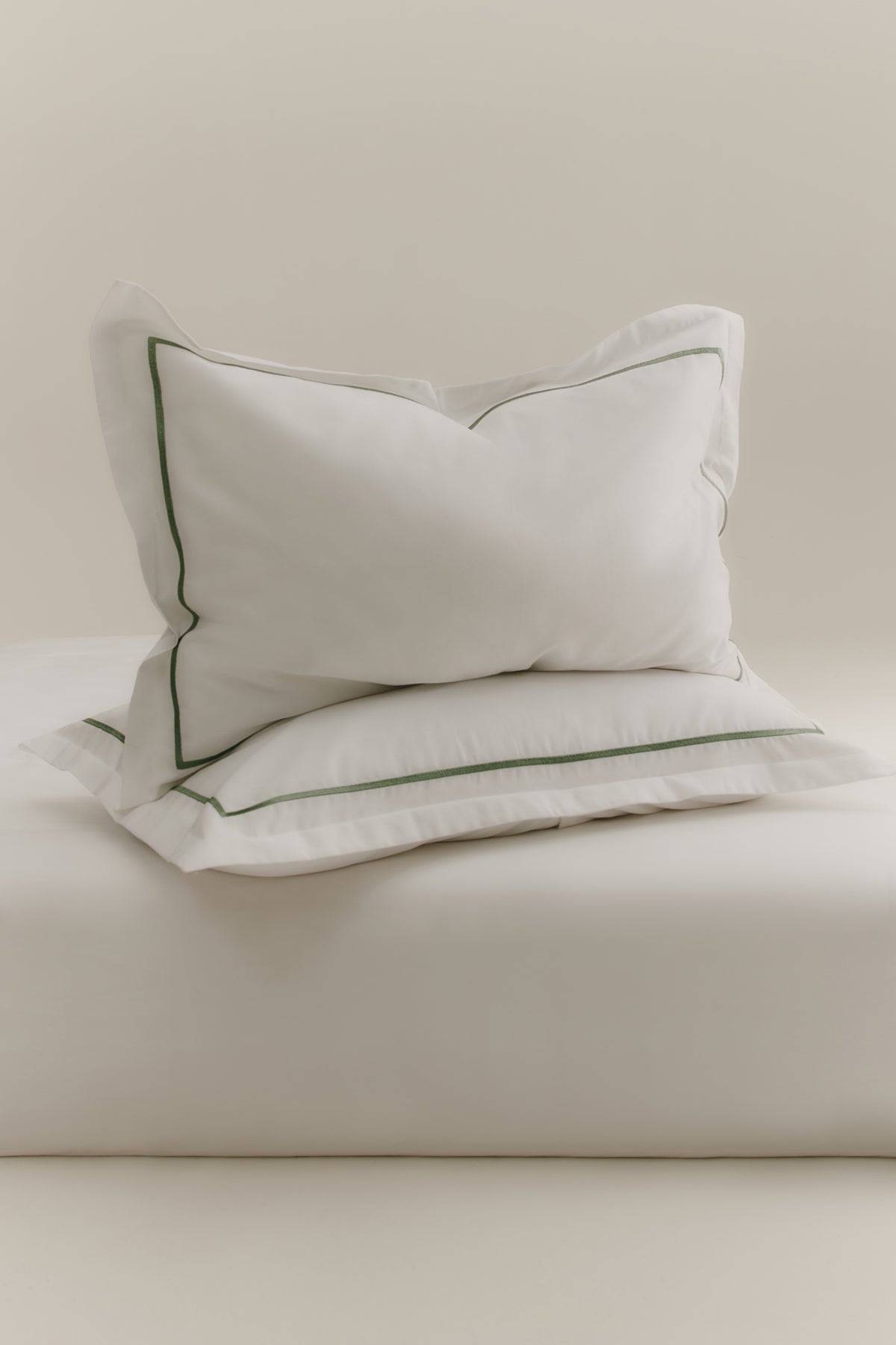 Duvet Cover and Sham Set in White/Hedge Green Embroidery
