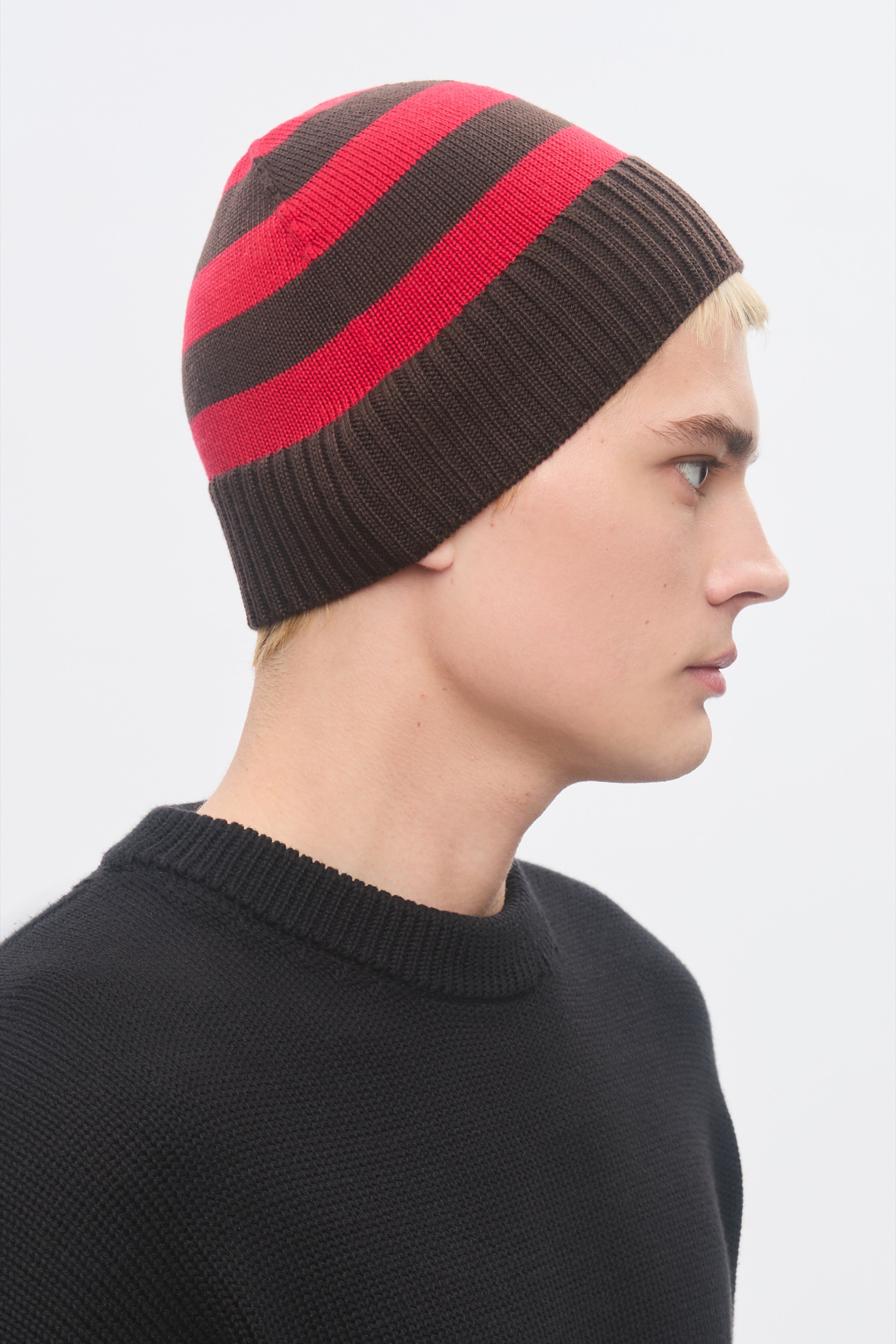 Elba Merino Beanie in Coffee Bean/Fiery Red Stripe