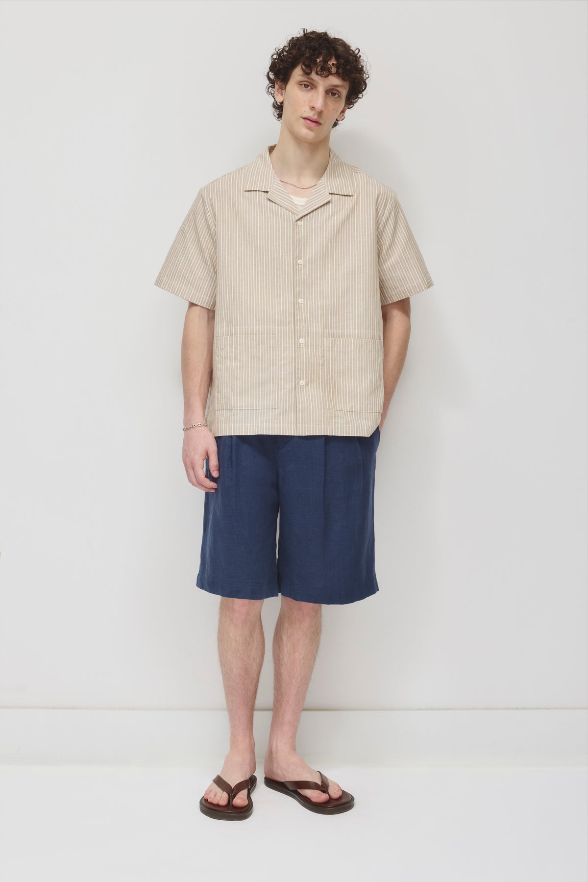 Men's Linen Camp Shirt in Beige Stripe