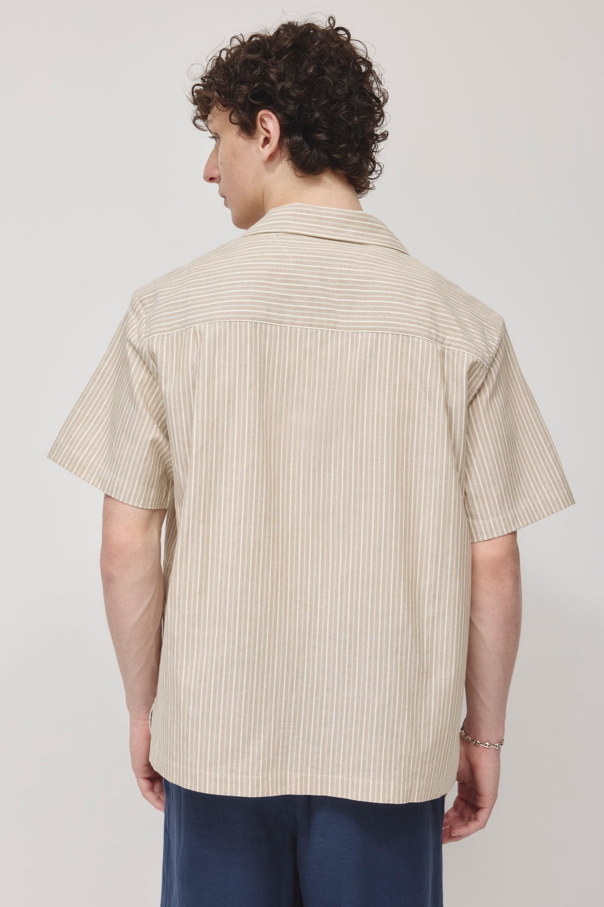 Men's Linen Camp Shirt in Beige Stripe