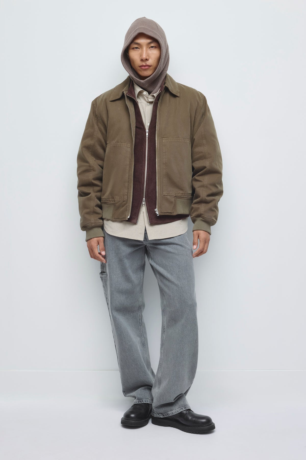 Cagoule en laine mérinos en taupe chiné