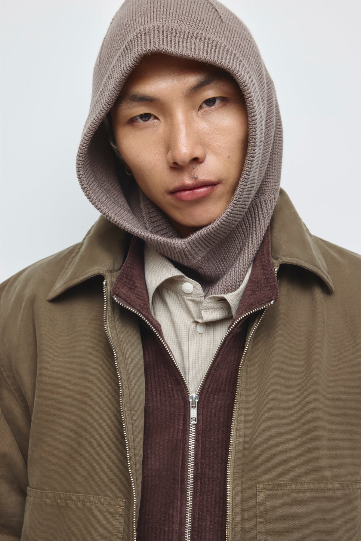 Cagoule en laine mérinos en taupe chiné