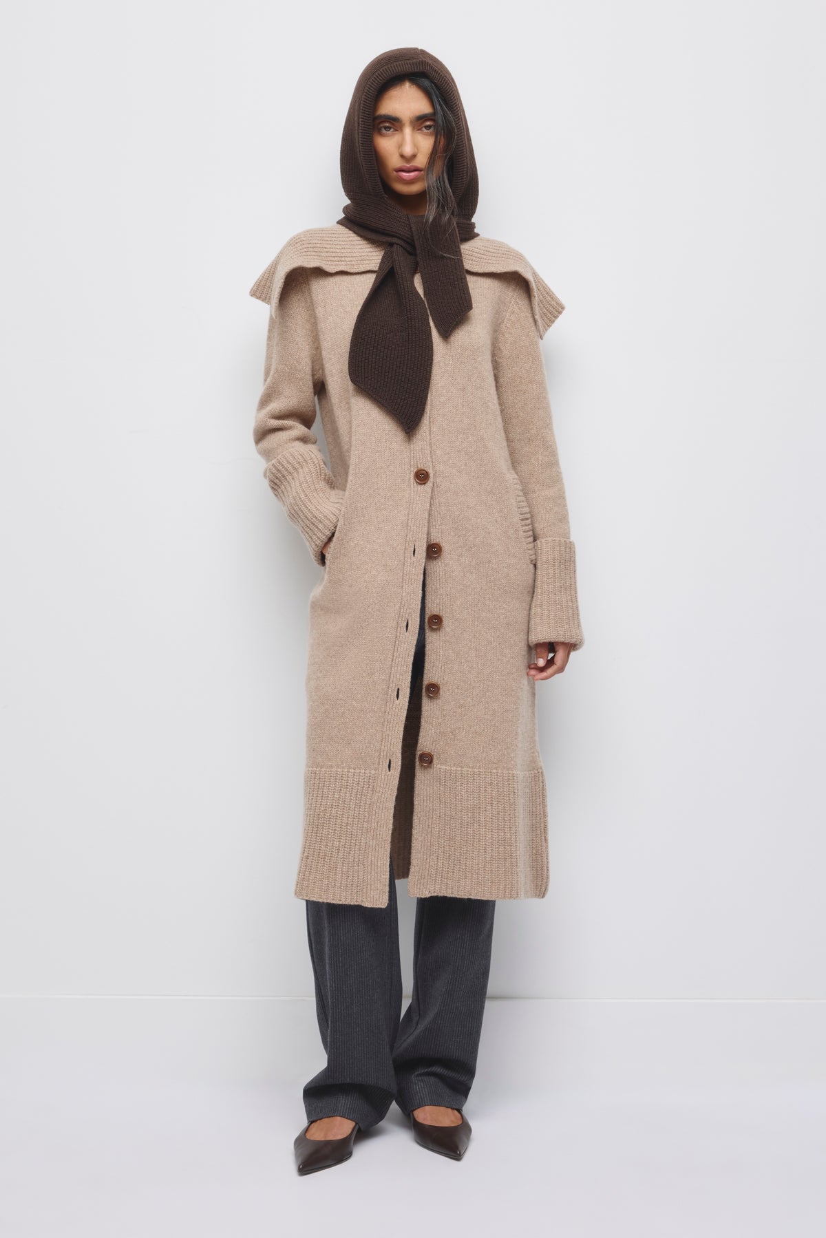Merino Soft Tie Hooded Scarf in Coffee Bean