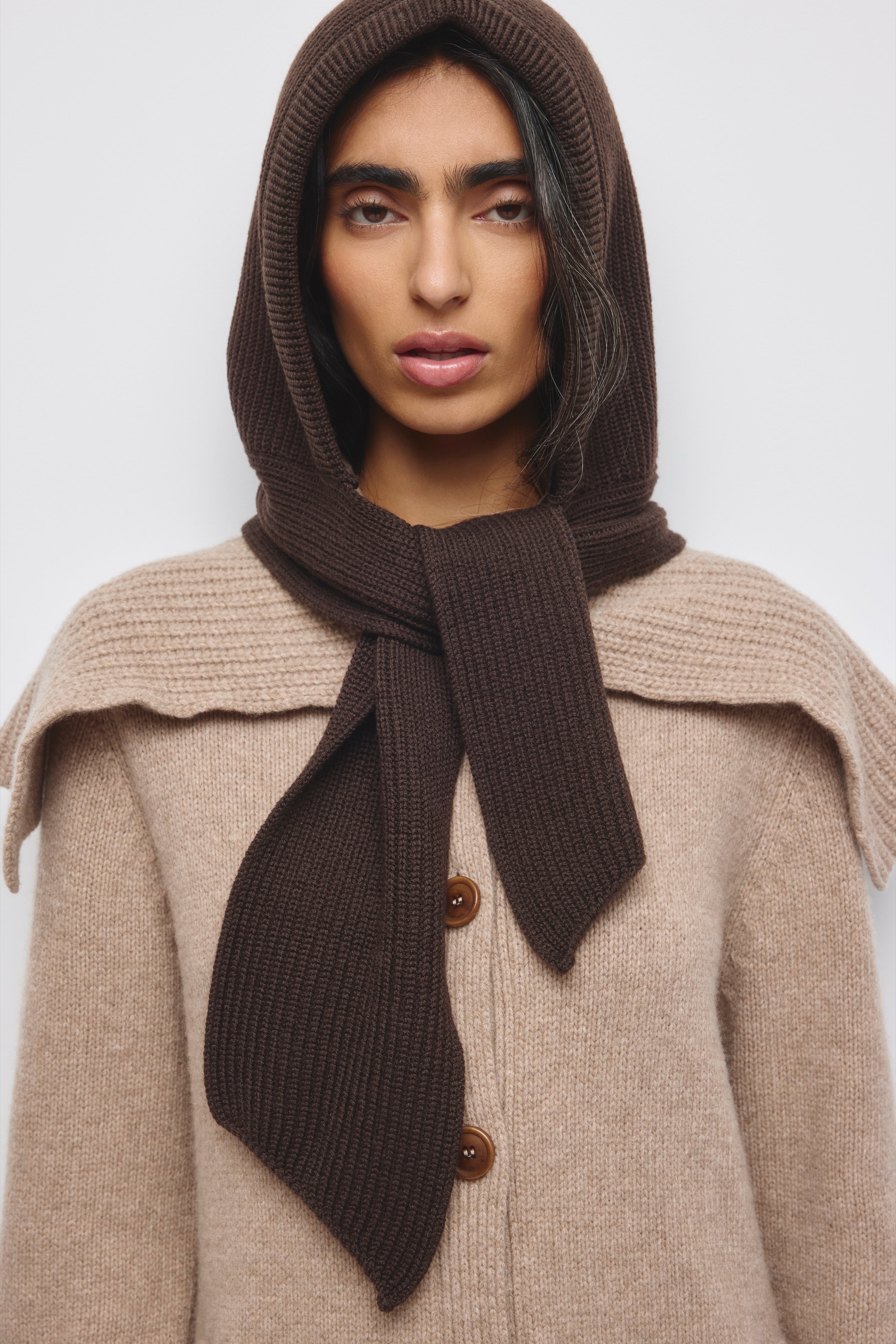 Merino Soft Tie Hooded Scarf in Coffee Bean