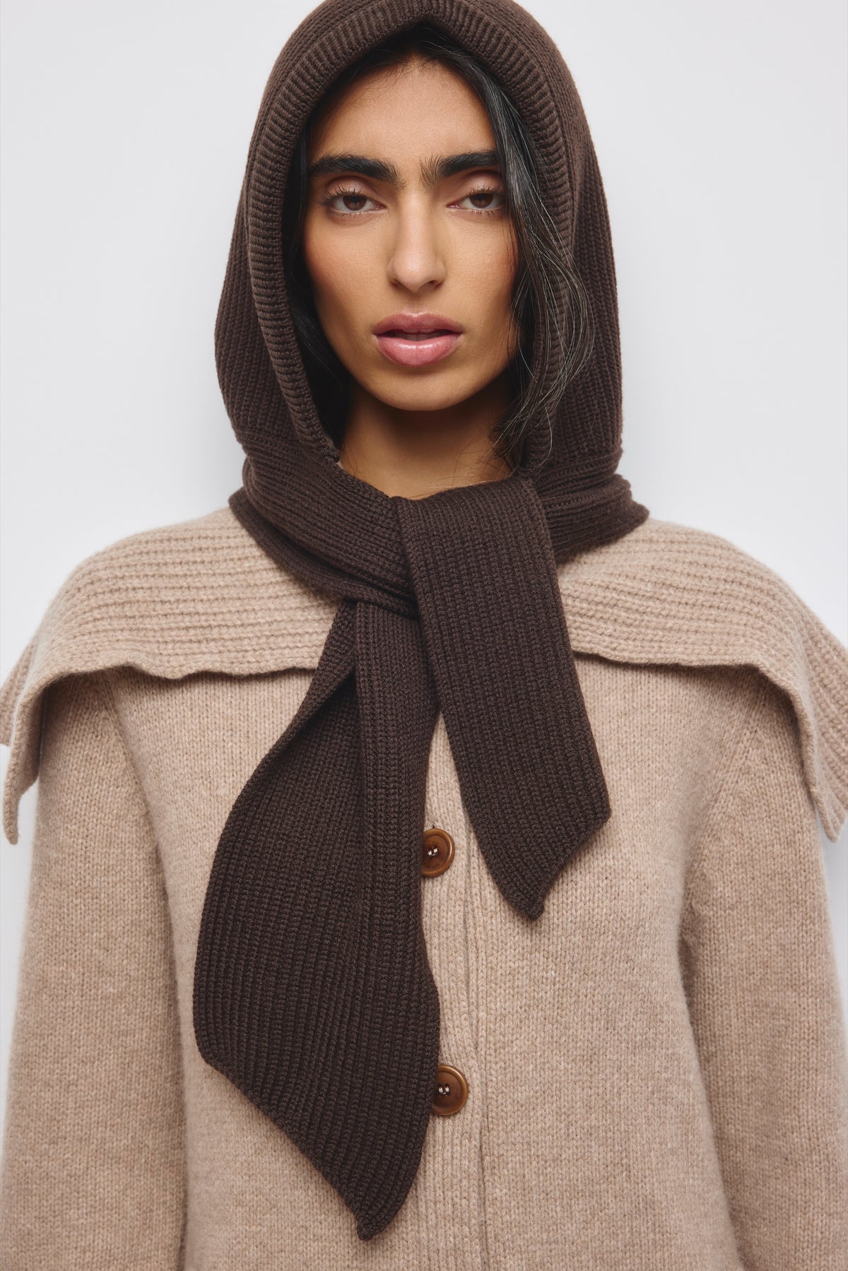 Merino Soft Tie Hooded Scarf in Coffee Bean