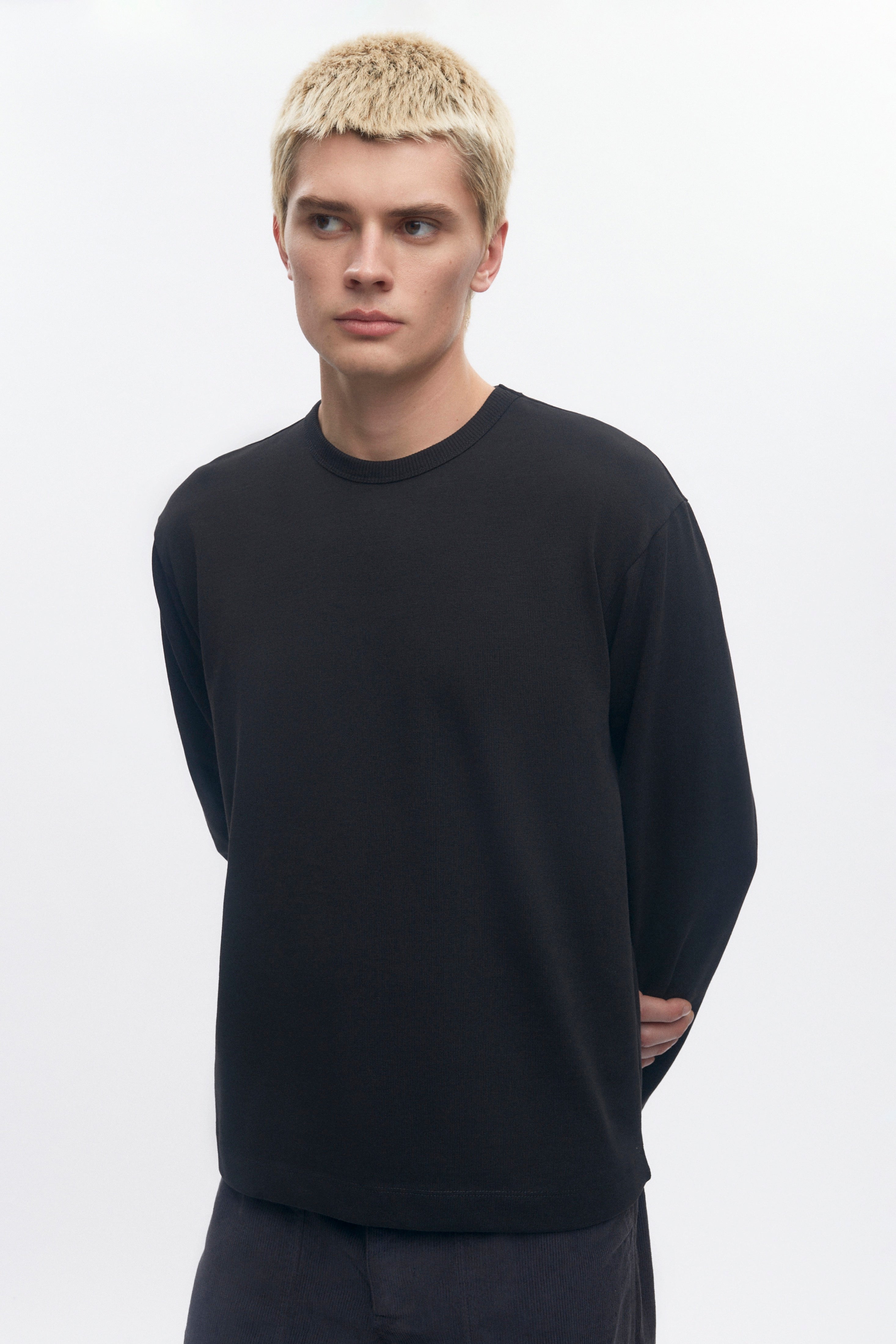 T-shirt à manches longues Box Slub pour homme en noir