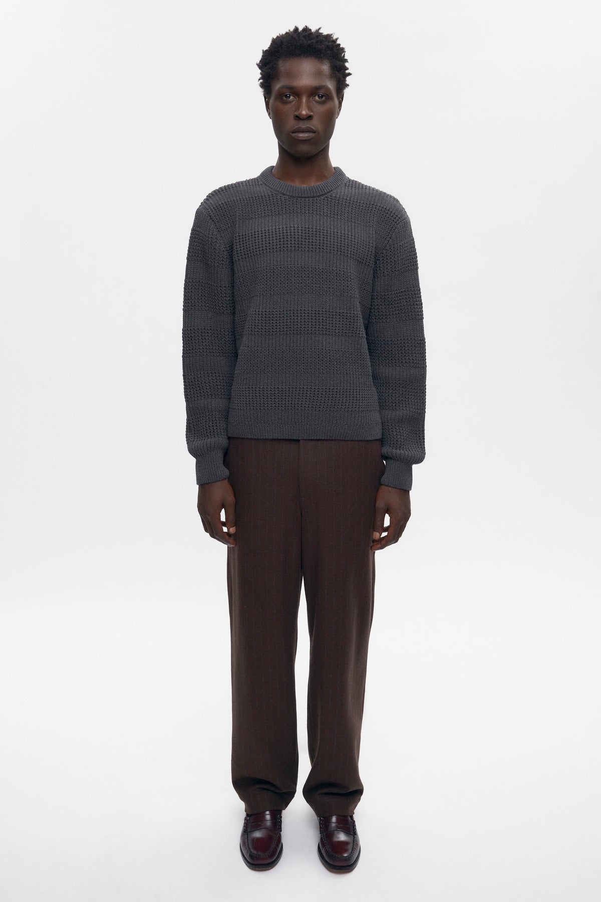 Men's Grid Stitch Crewneck Sweater in Charcoal Melange
