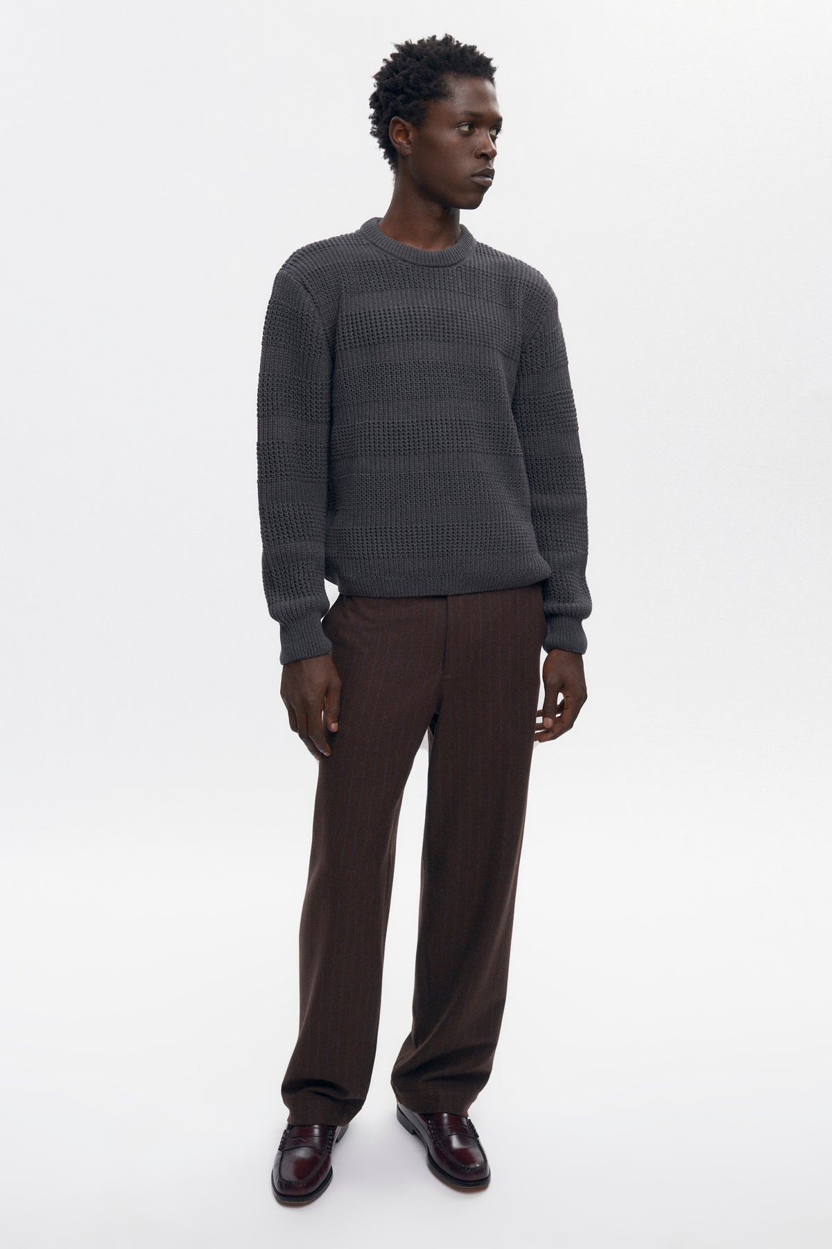 Men's Grid Stitch Crewneck Sweater in Charcoal Melange