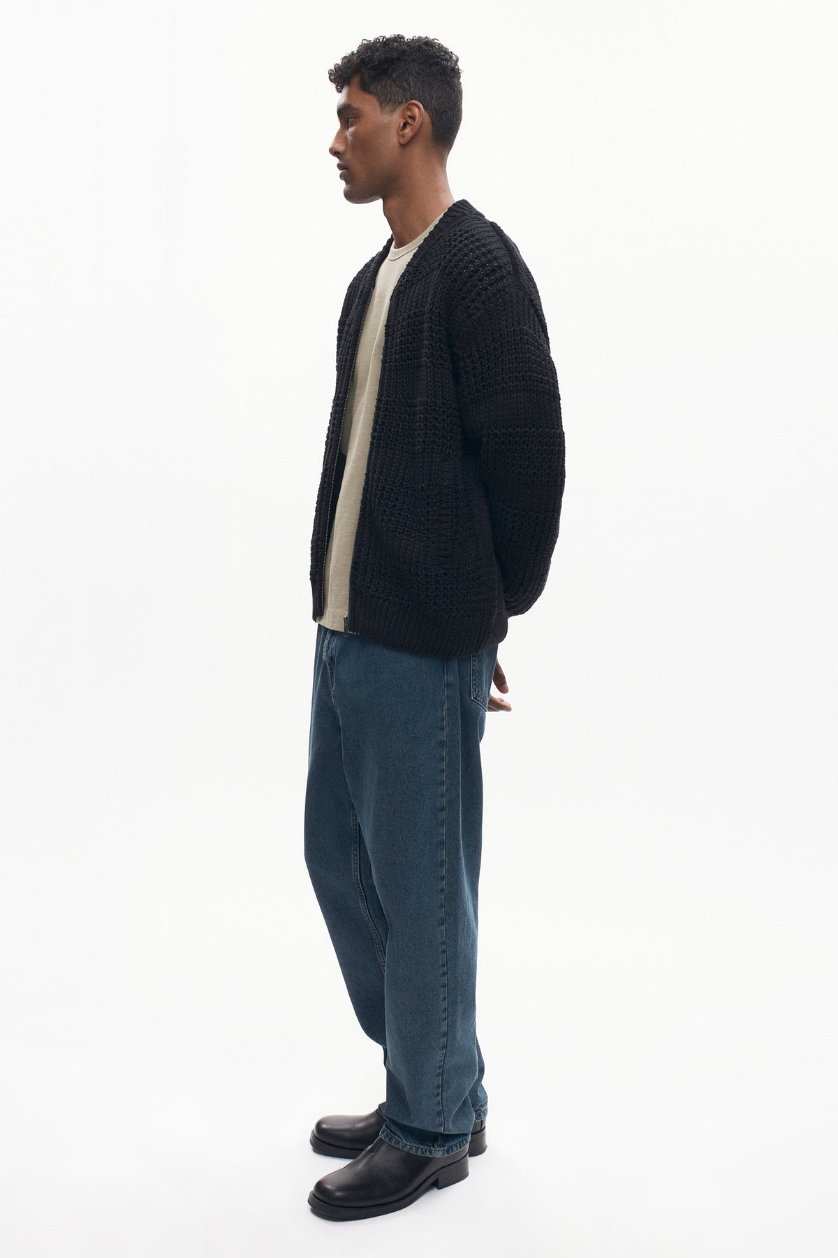 Men's Grid Stitch Zip Sweater in Black