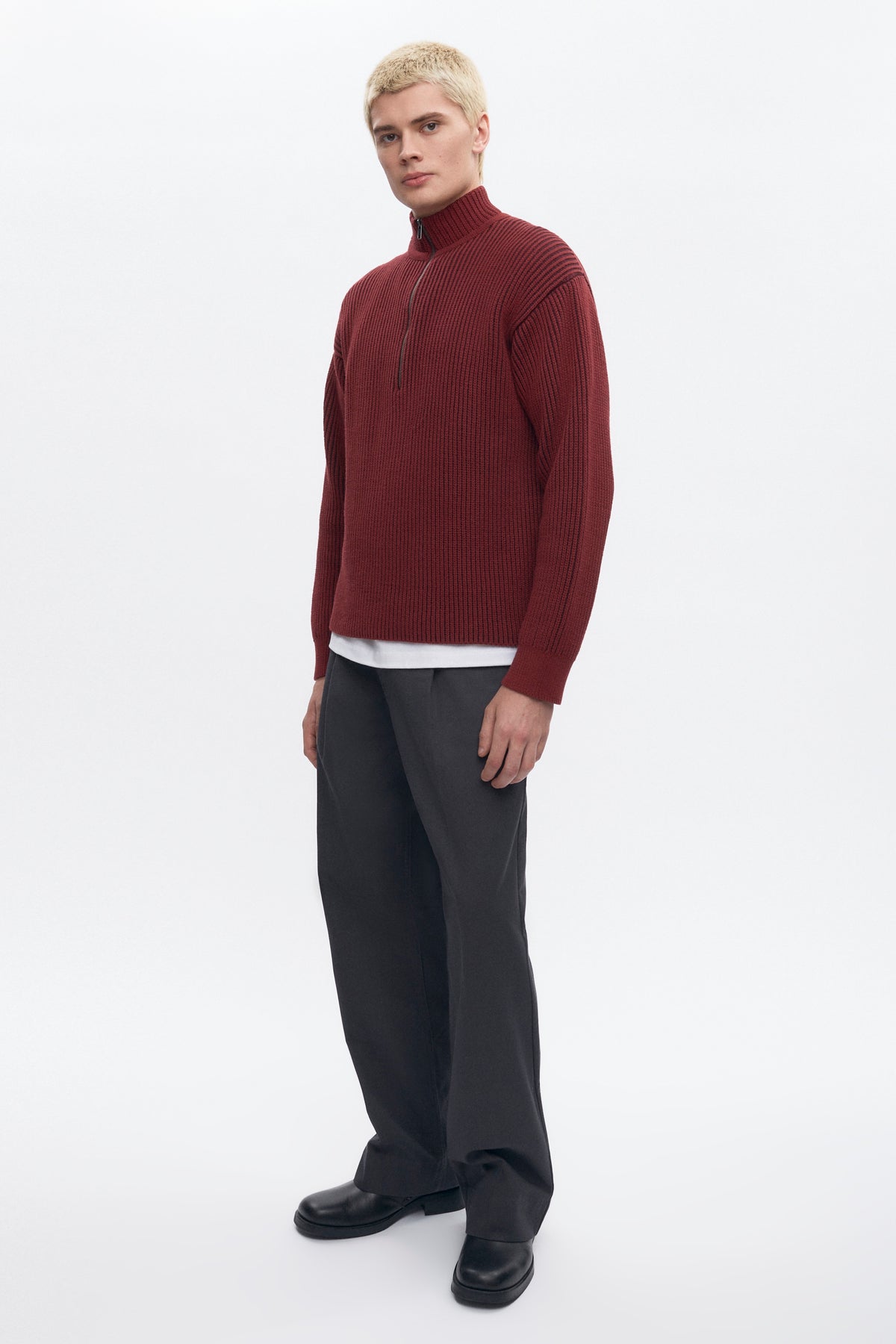Pull à demi-zip côtelé pour homme en coffee Bean/Burgundy