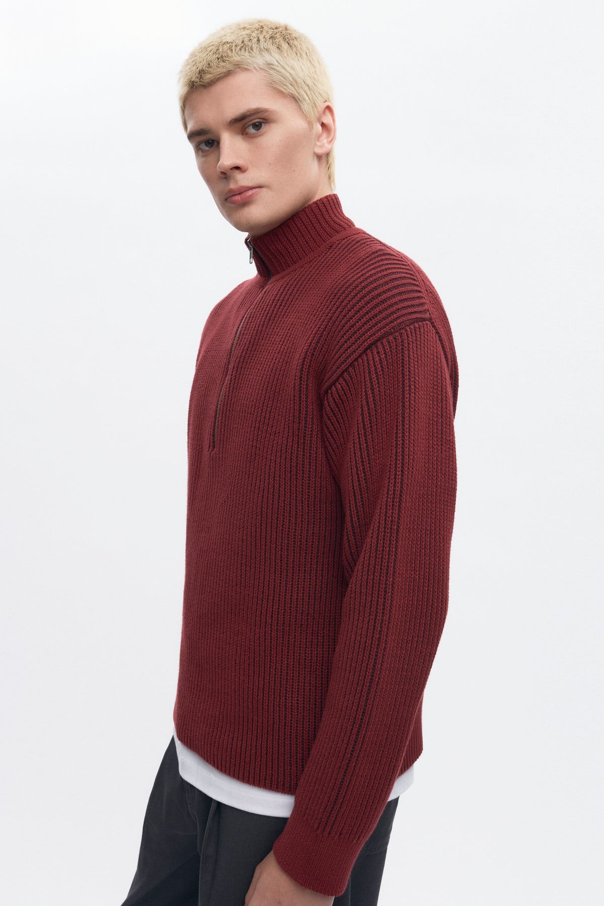 Pull à demi-zip côtelé pour homme en coffee Bean/Burgundy