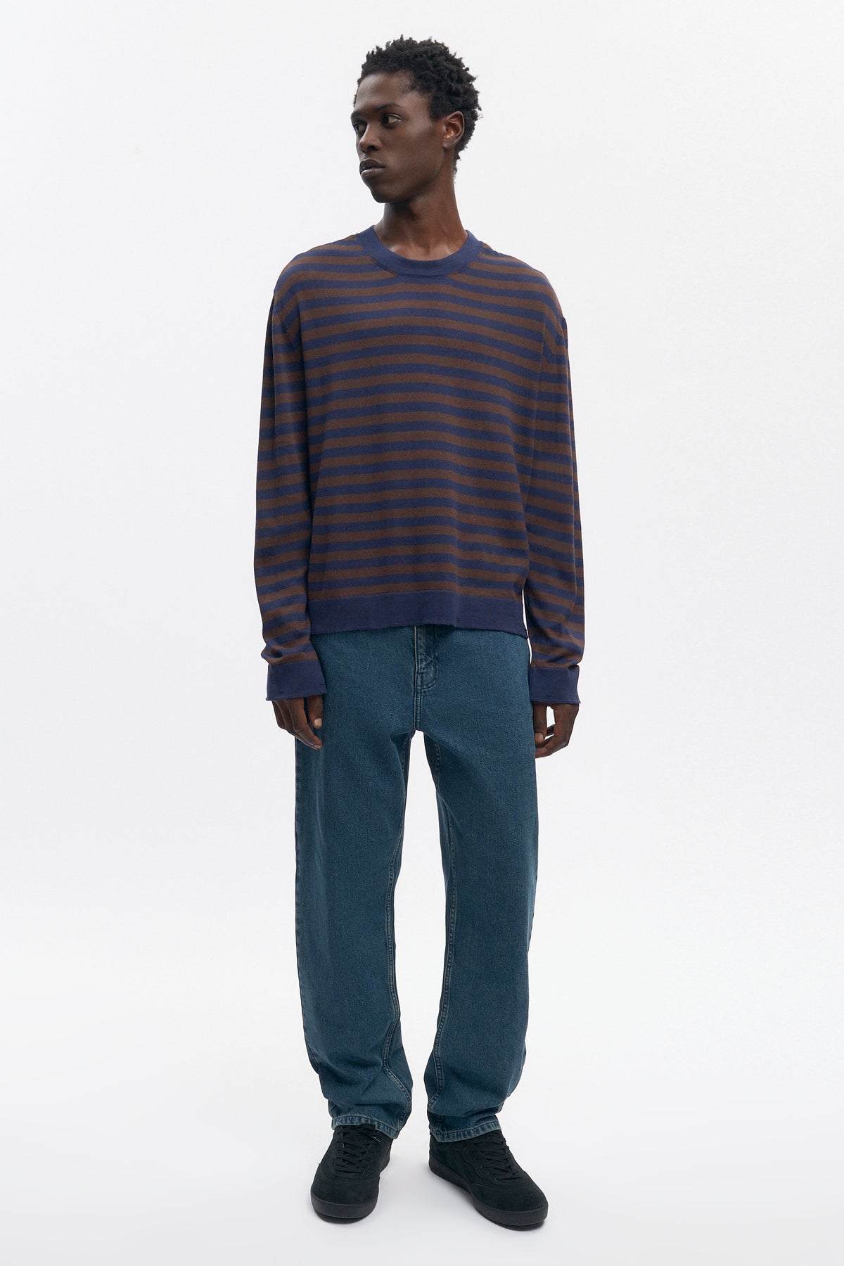 Men's Lightweight Crewneck Sweater in Coffee Bean/Midnight Stripe