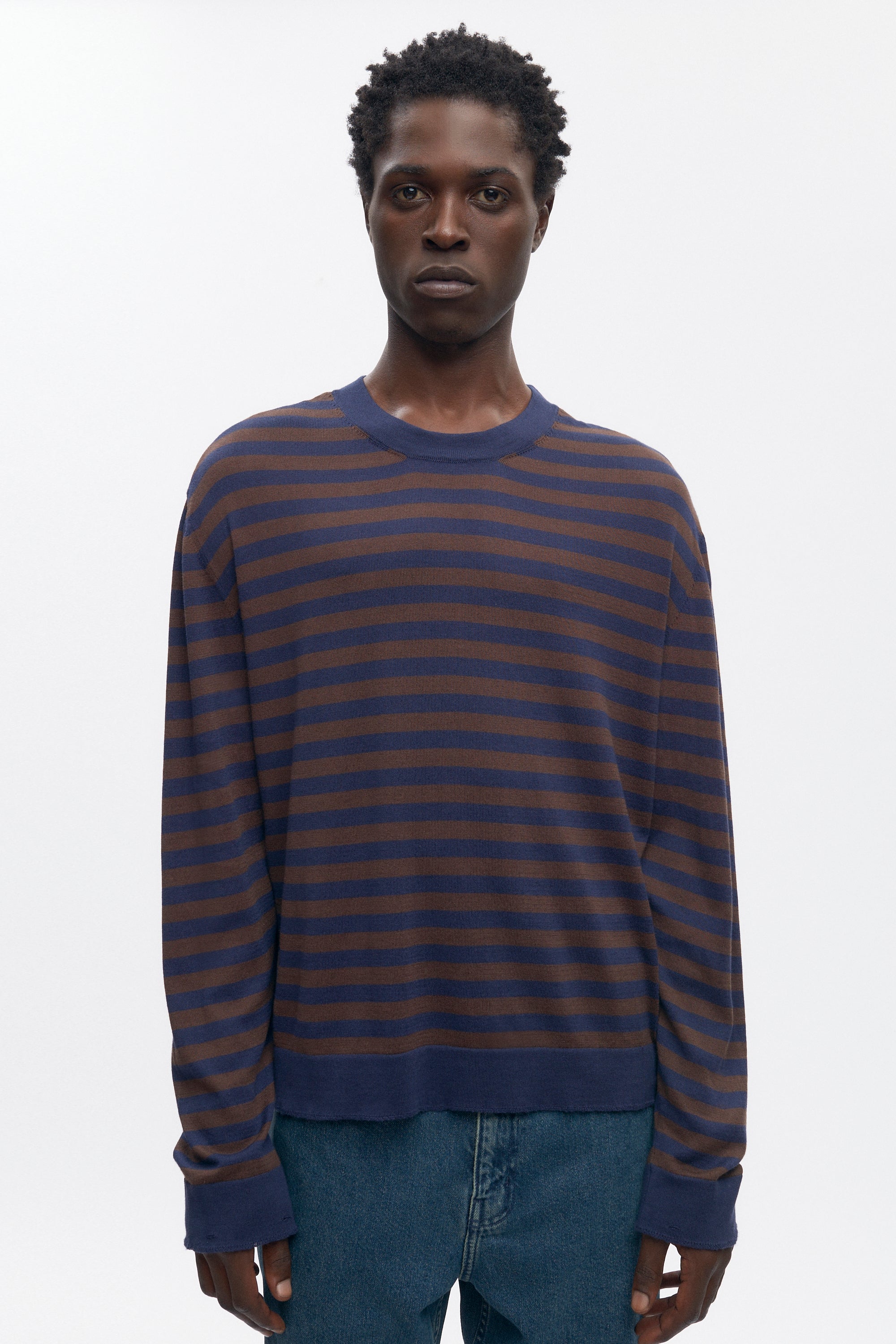 Pull à col rond léger pour homme en coffee Bean/Midnight Stripe