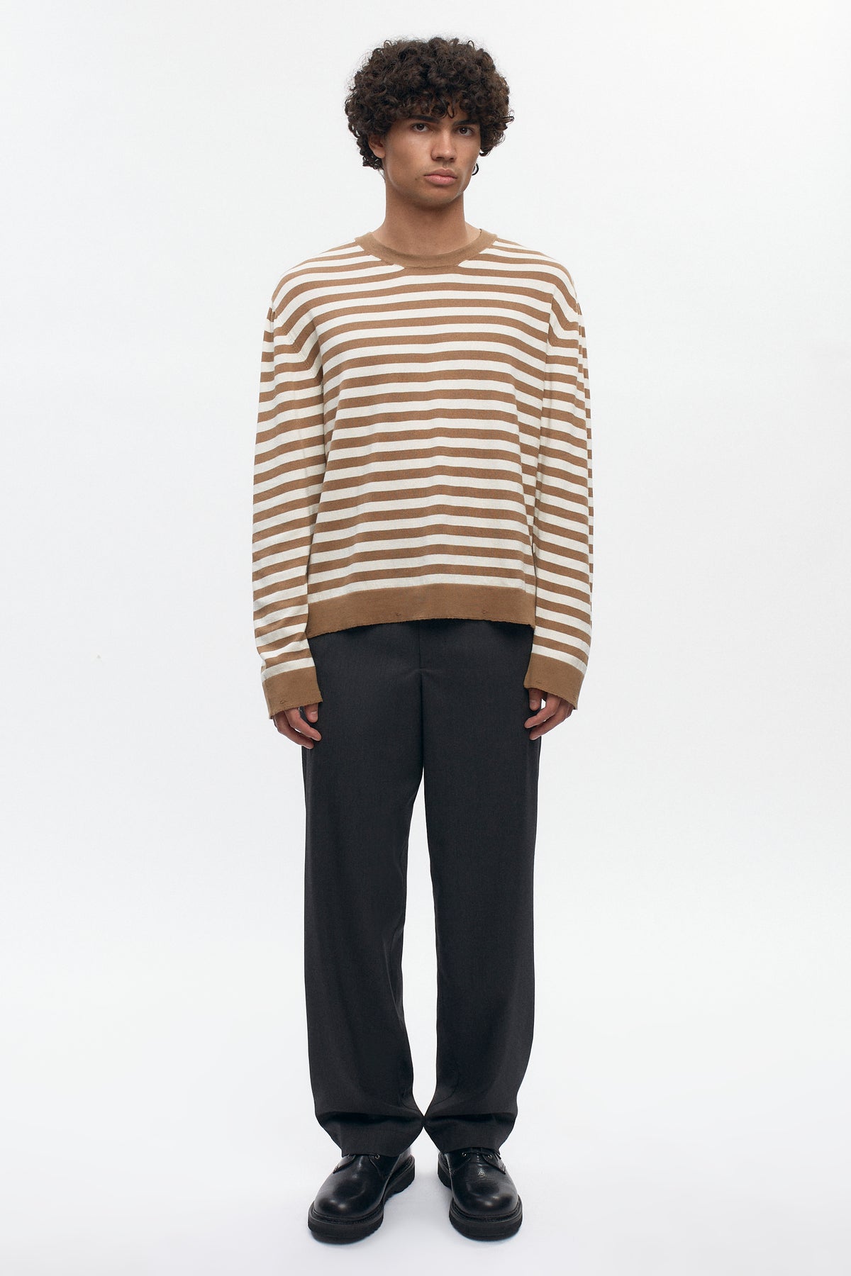 Pull à col rond léger pour homme en otter/Marshmallow Stripe