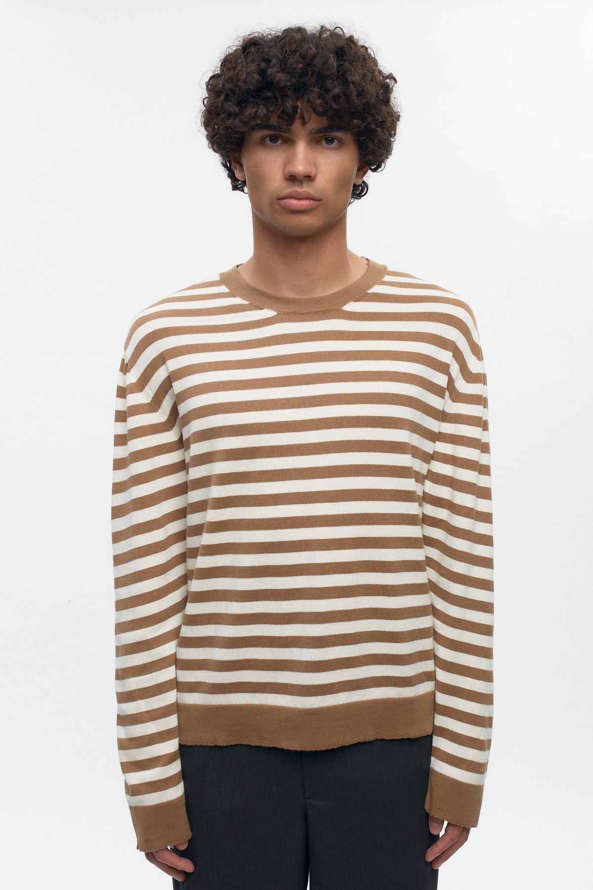 Pull à col rond léger pour homme en otter/Marshmallow Stripe