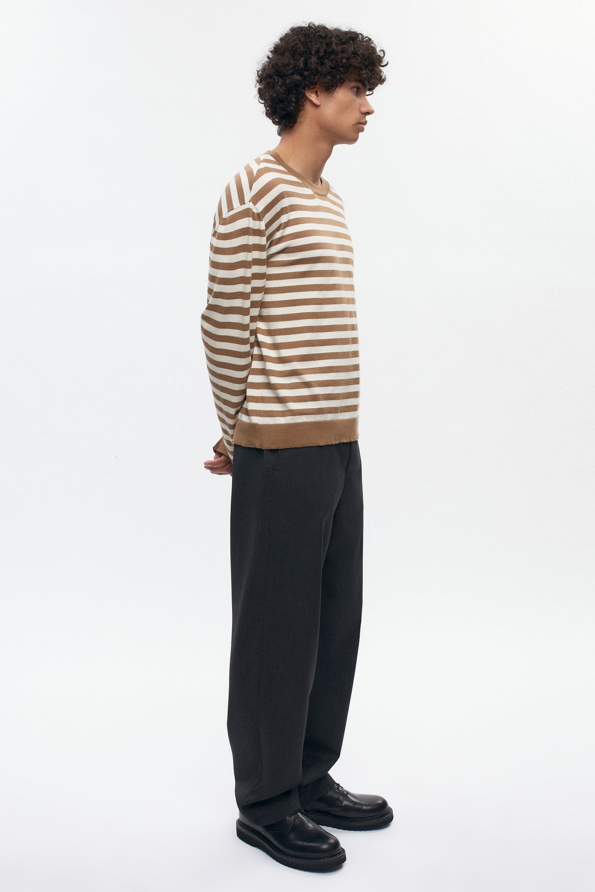 Pull à col rond léger pour homme en otter/Marshmallow Stripe
