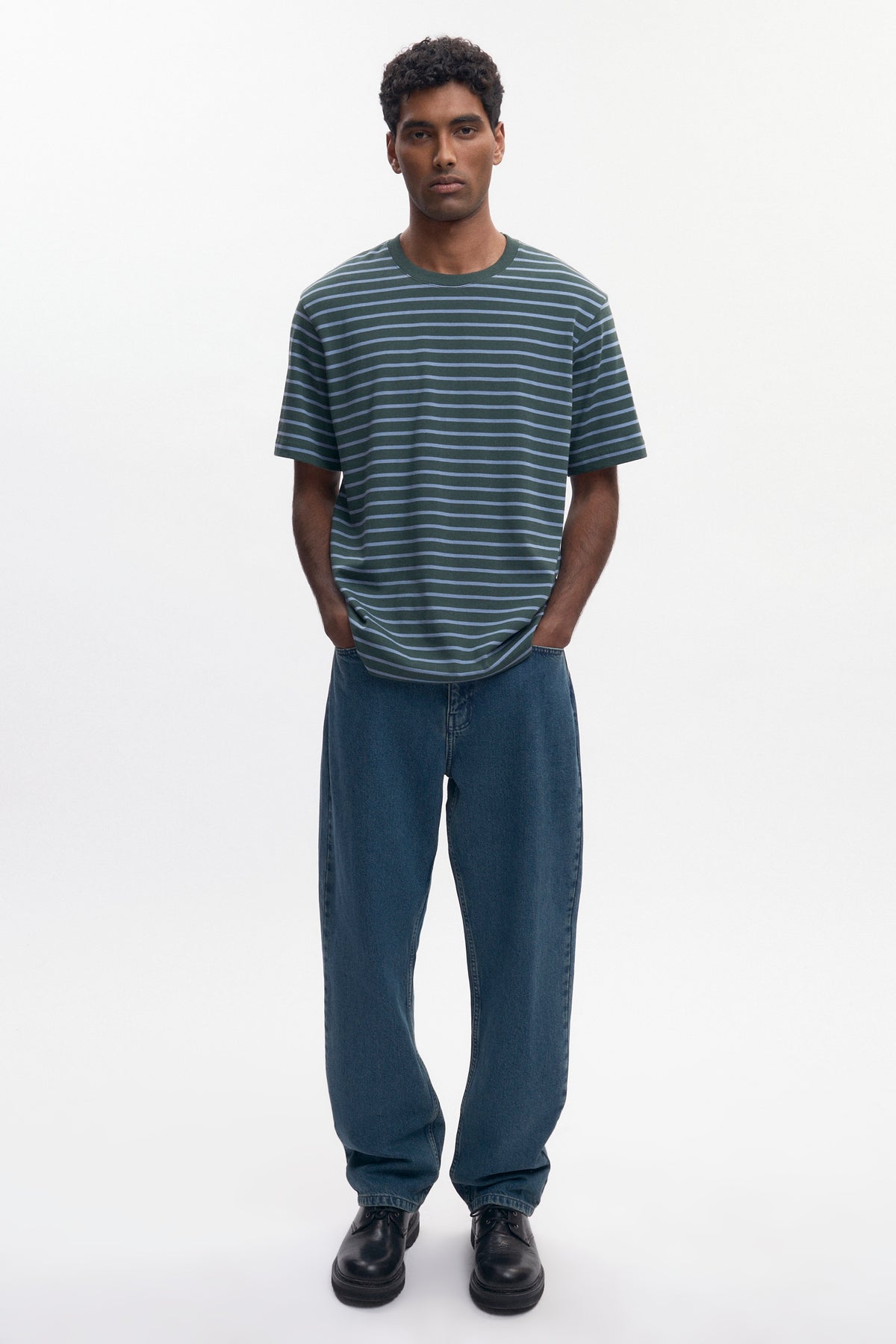 Men's Midweight Crew in Bottle Green/Columbia Stripe