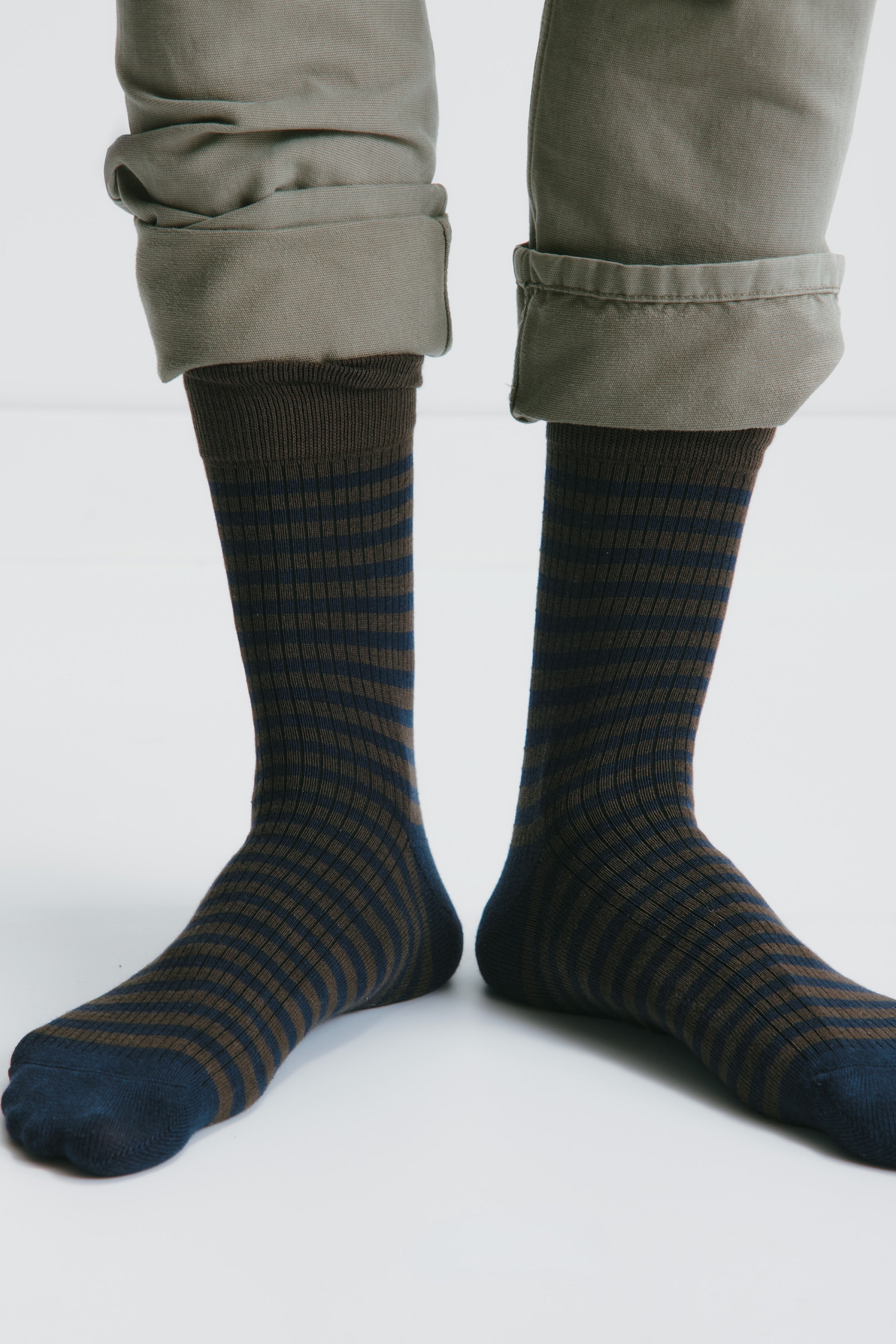 Rib Socks in Deep Ocean/Walnut Stripe