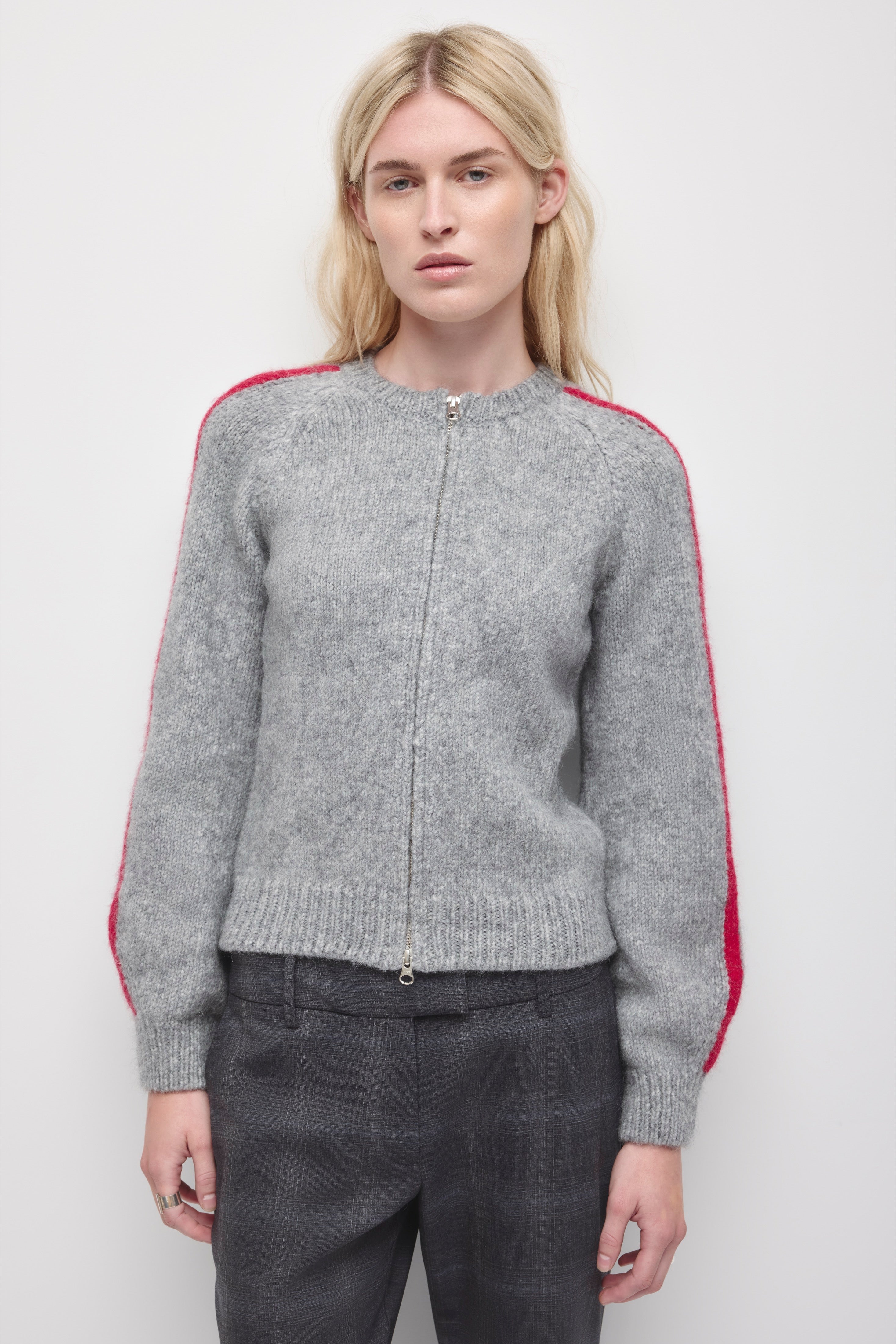 Women's Ali Zip Sweater in Heather Grey/Carmine