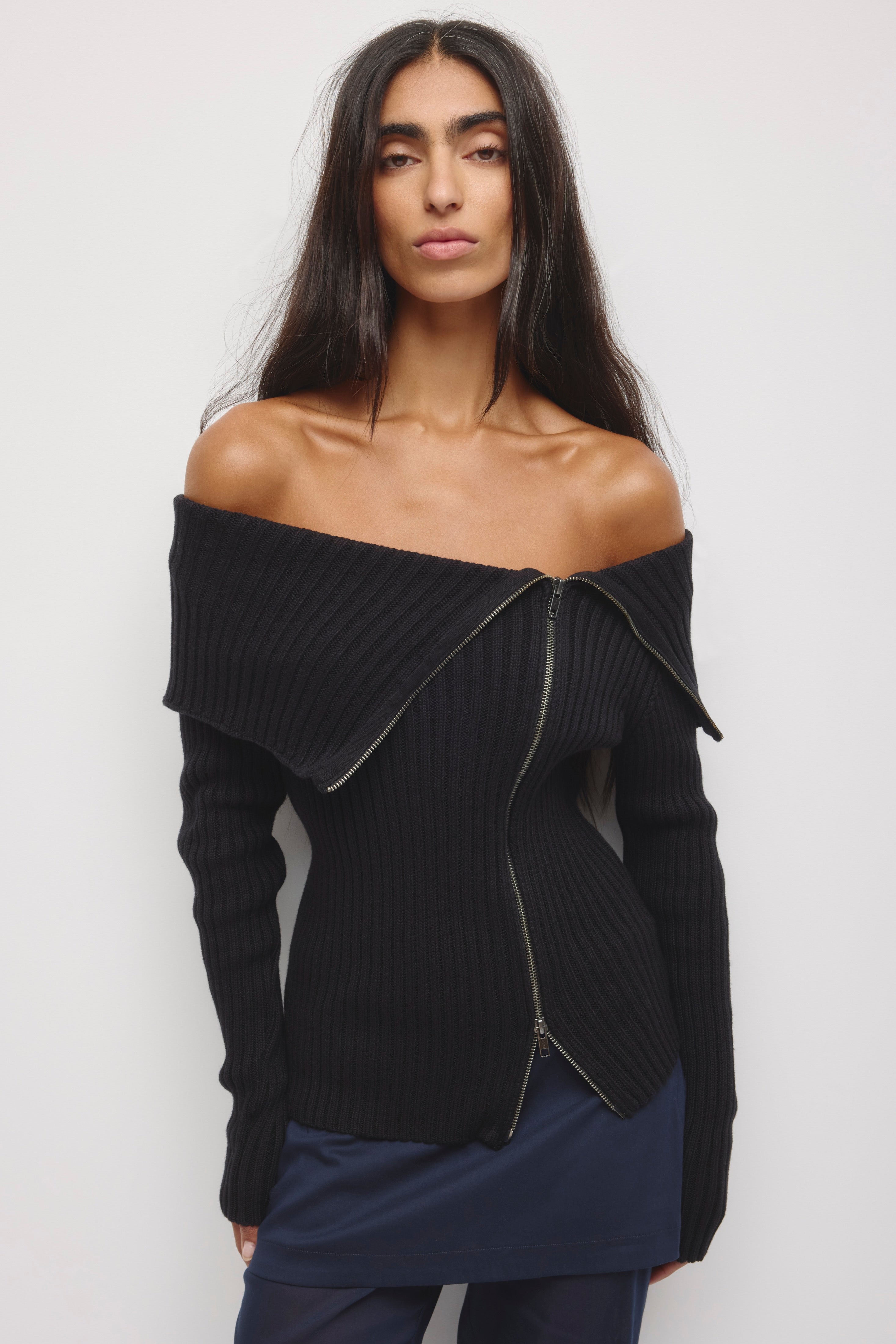 Women's Asymmetric Foldover Sweater in Black