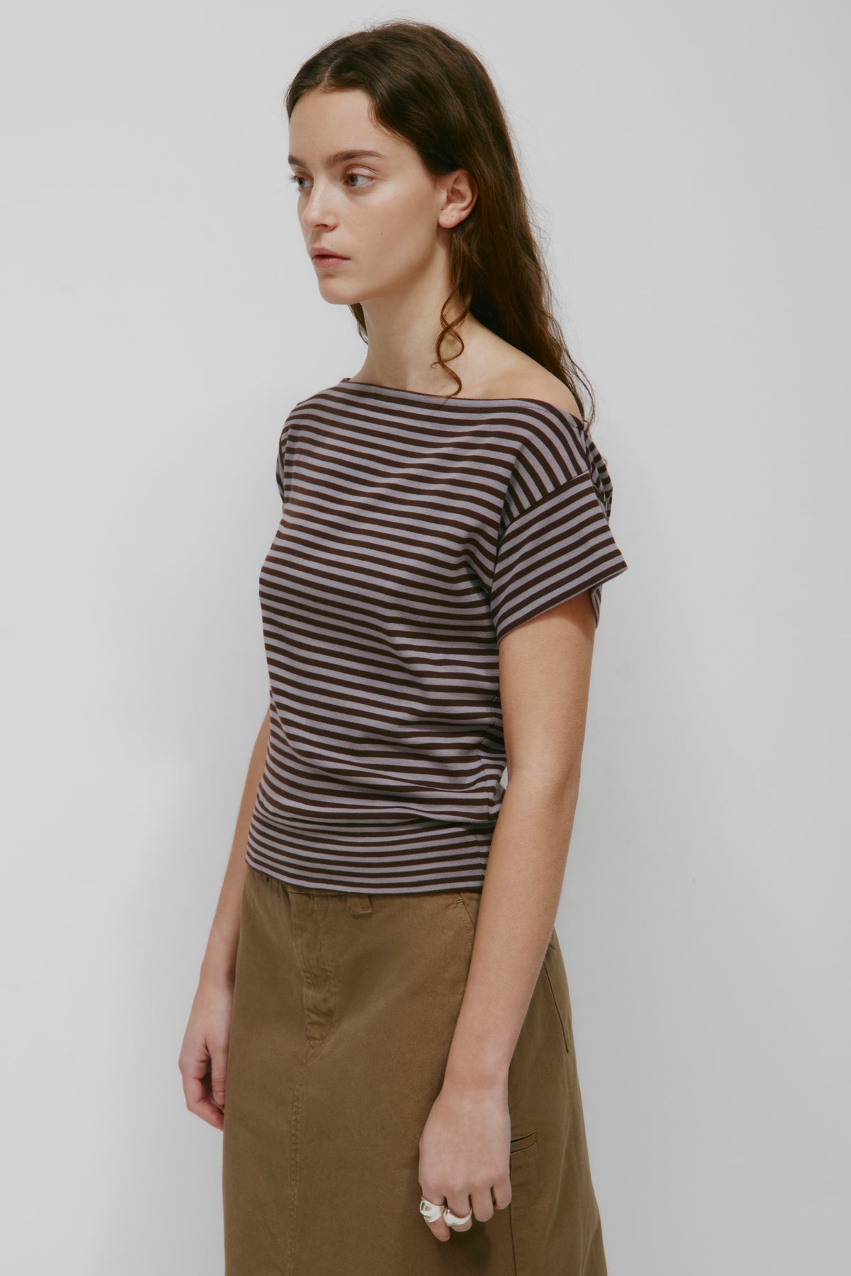 Women's Boatneck Banded Tee in Dusty Grape/Espresso