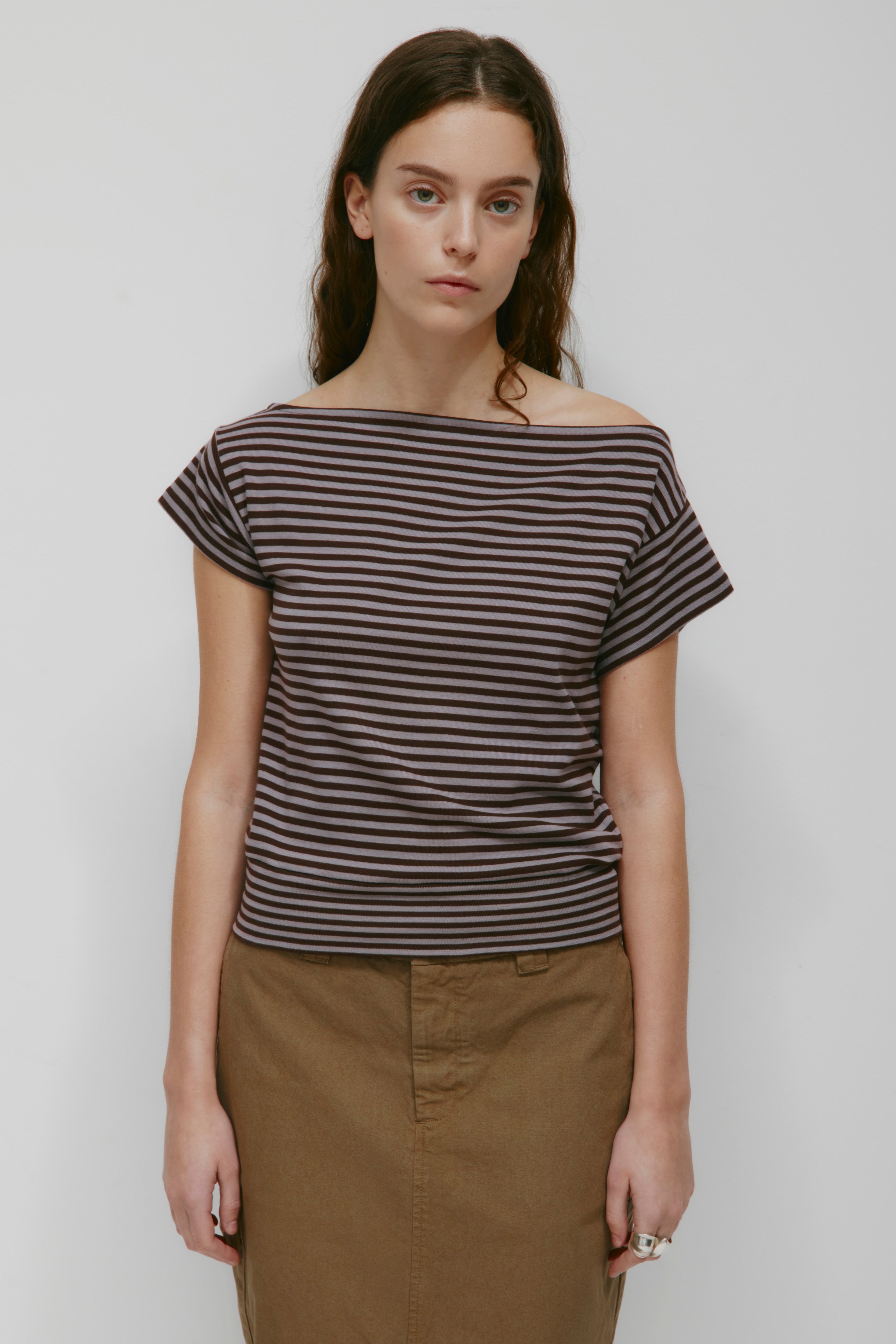 Women's Boatneck Banded Tee in Dusty Grape/Espresso