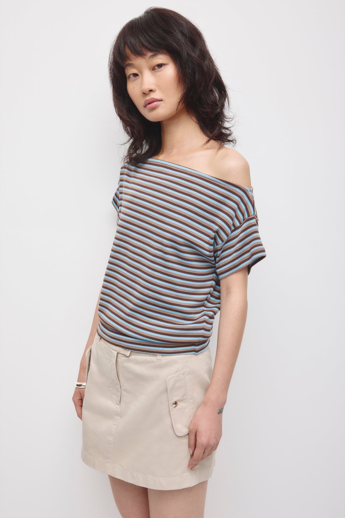 Women's Boatneck Banded Tee in Espresso/Taupe/Azure