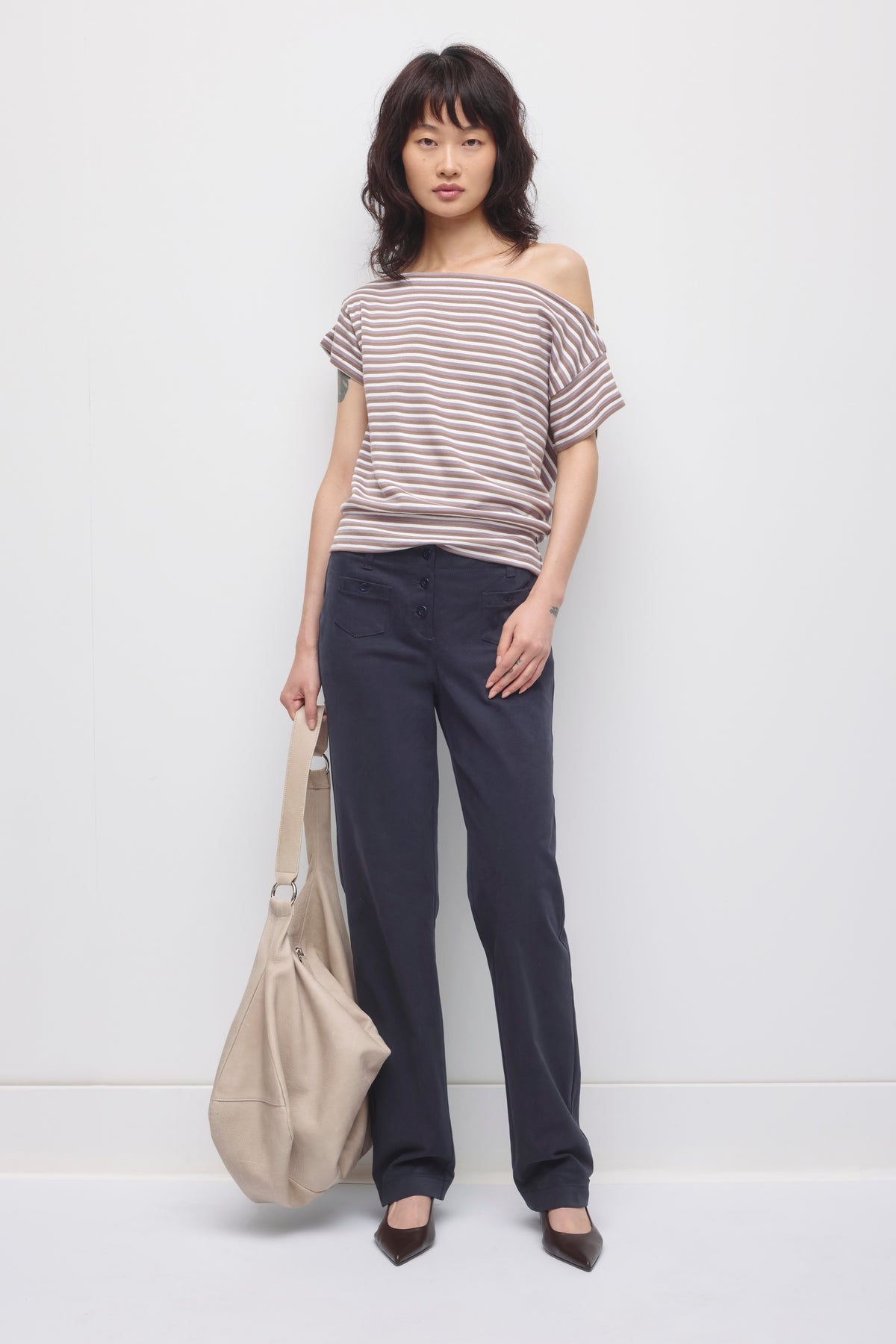 Women's Boatneck Banded Tee in Taupe/Dusty Grape/Marshmallow