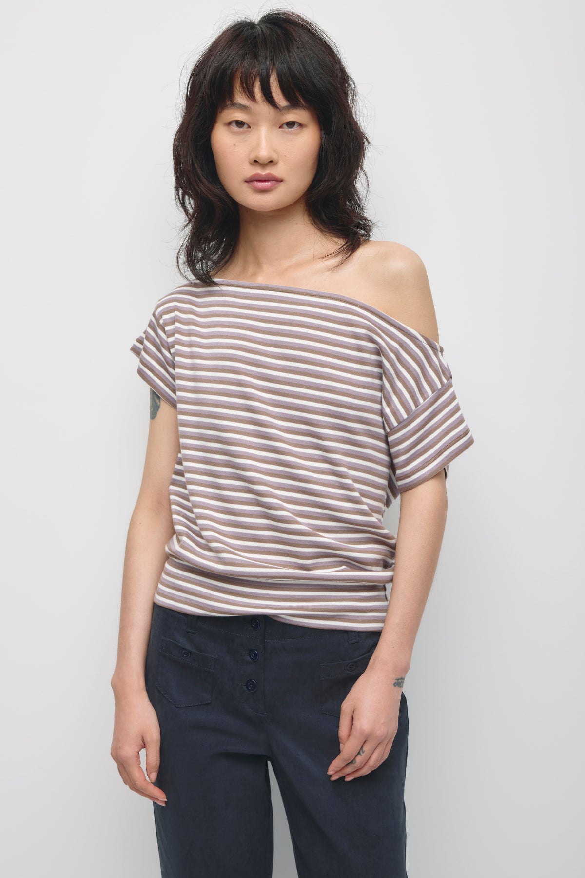 Women's Boatneck Banded Tee in Taupe/Dusty Grape/Marshmallow