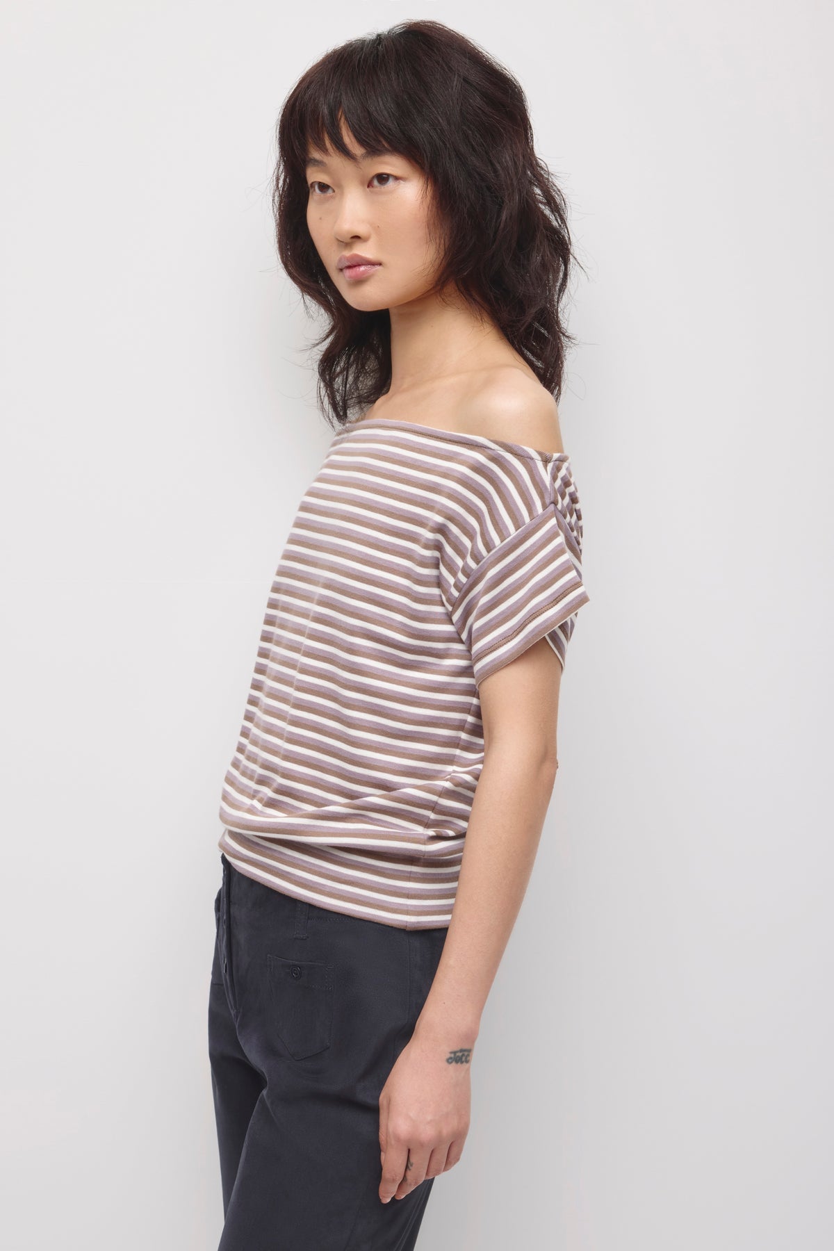 Women's Boatneck Banded Tee in Taupe/Dusty Grape/Marshmallow