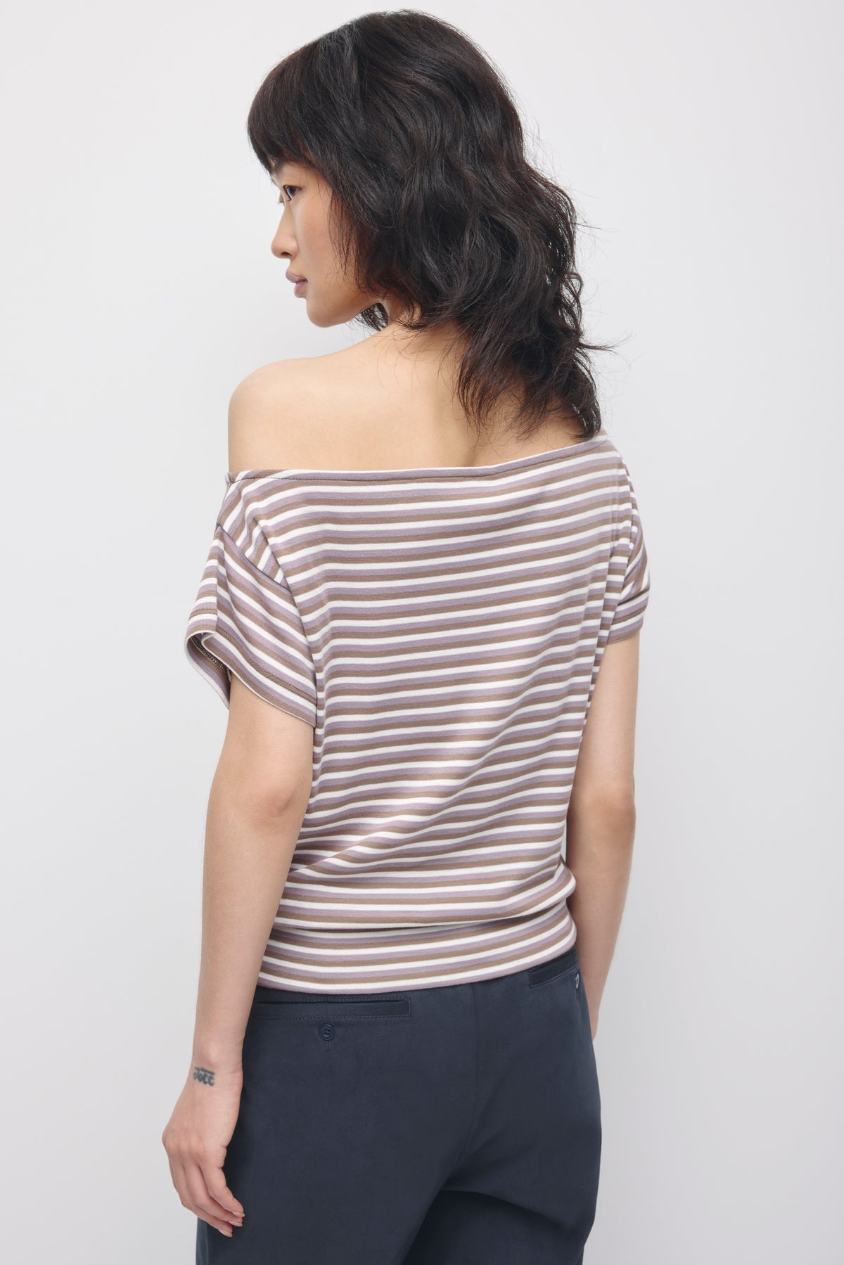 Women's Boatneck Banded Tee in Taupe/Dusty Grape/Marshmallow