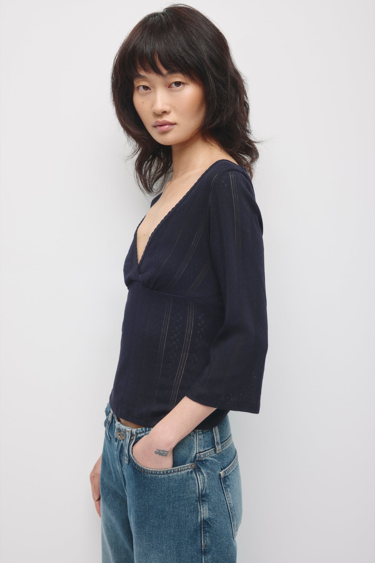 Women's Dalia Pointelle 3/4 Sleeve in Deep Ocean