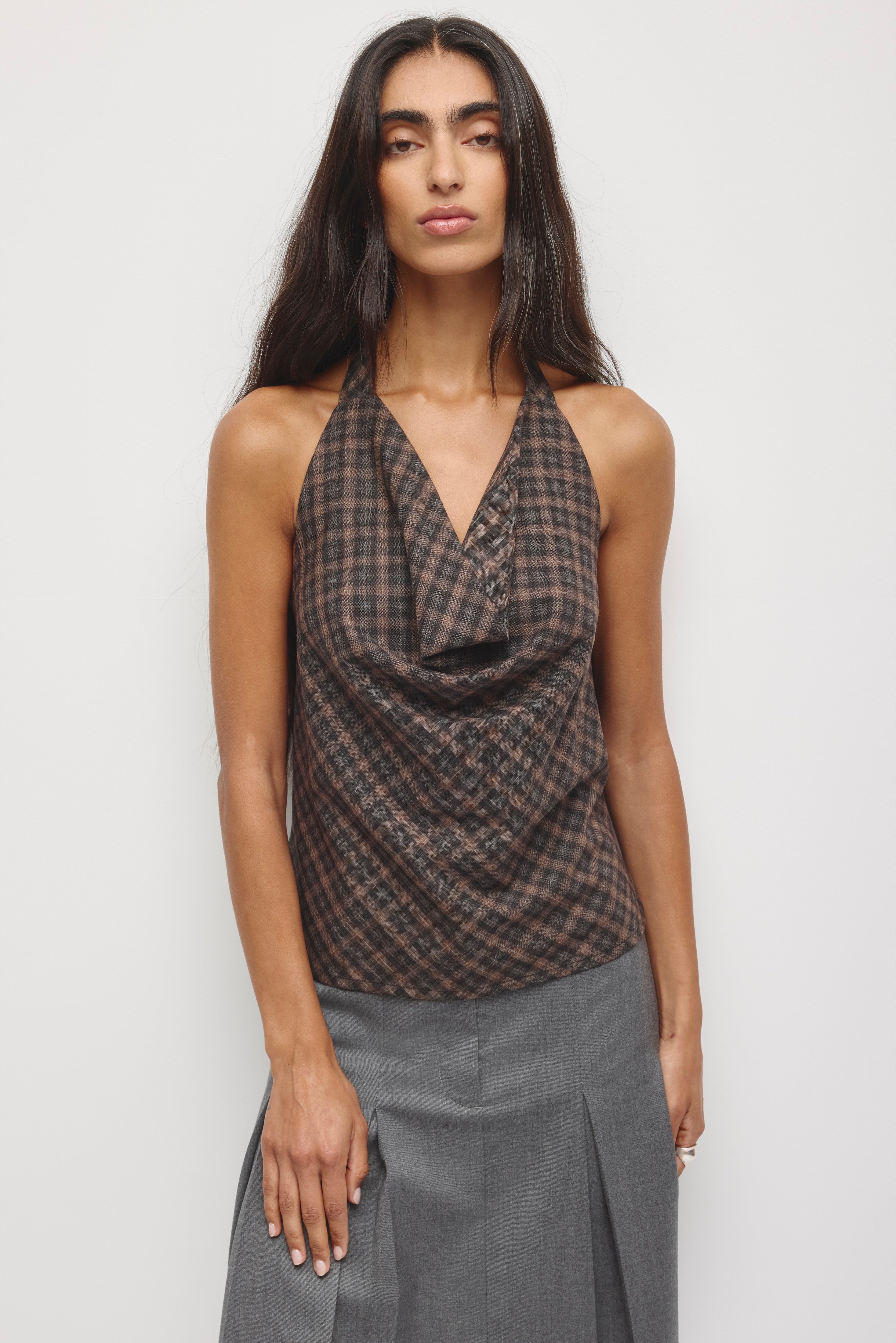 Women's Maryam Halter Top in Charcoal/Taupe Check
