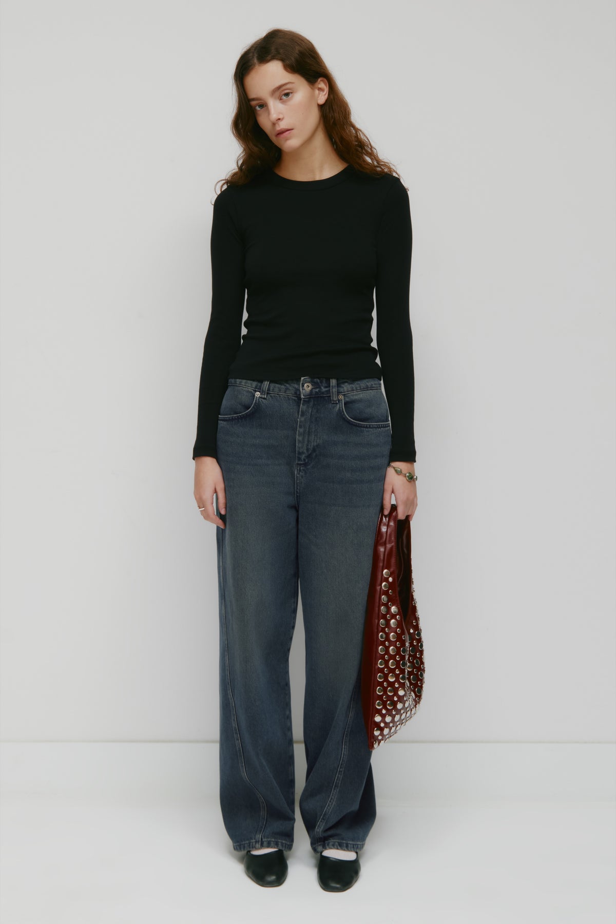 T-shirt à manches longues micro-côtes pour femme en noir