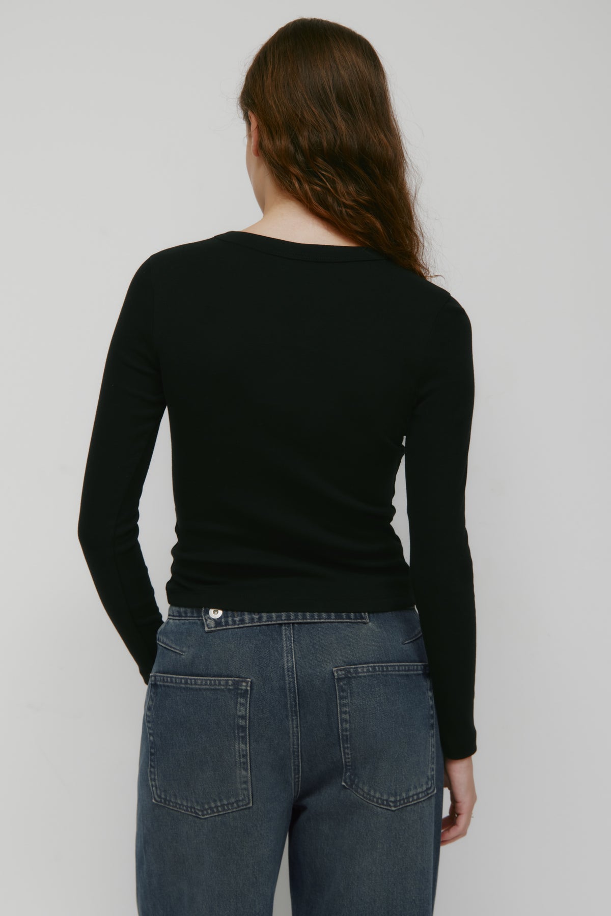 T-shirt à manches longues micro-côtes pour femme en noir