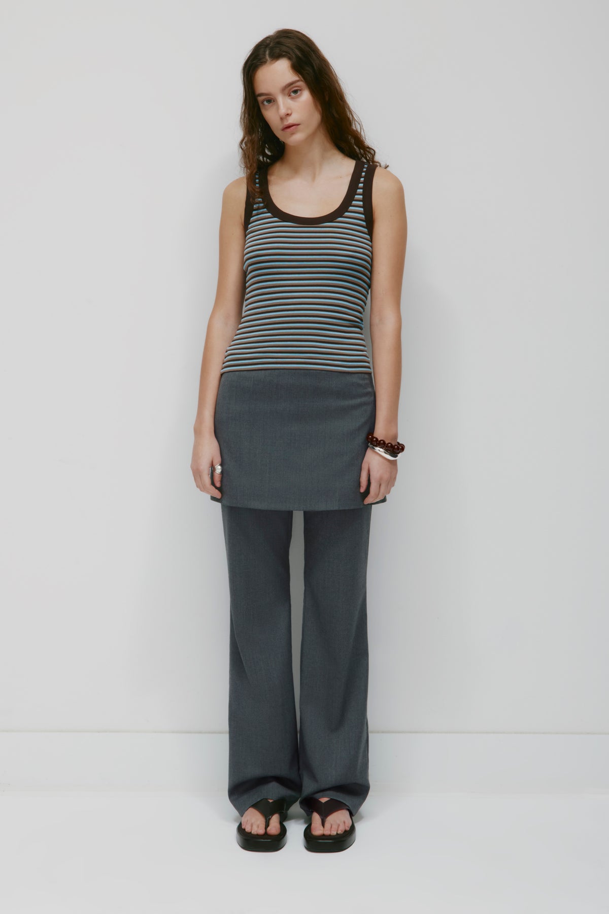 Women's Micro Rib Scoop Tank in Espresso/Taupe/Azure Stripe