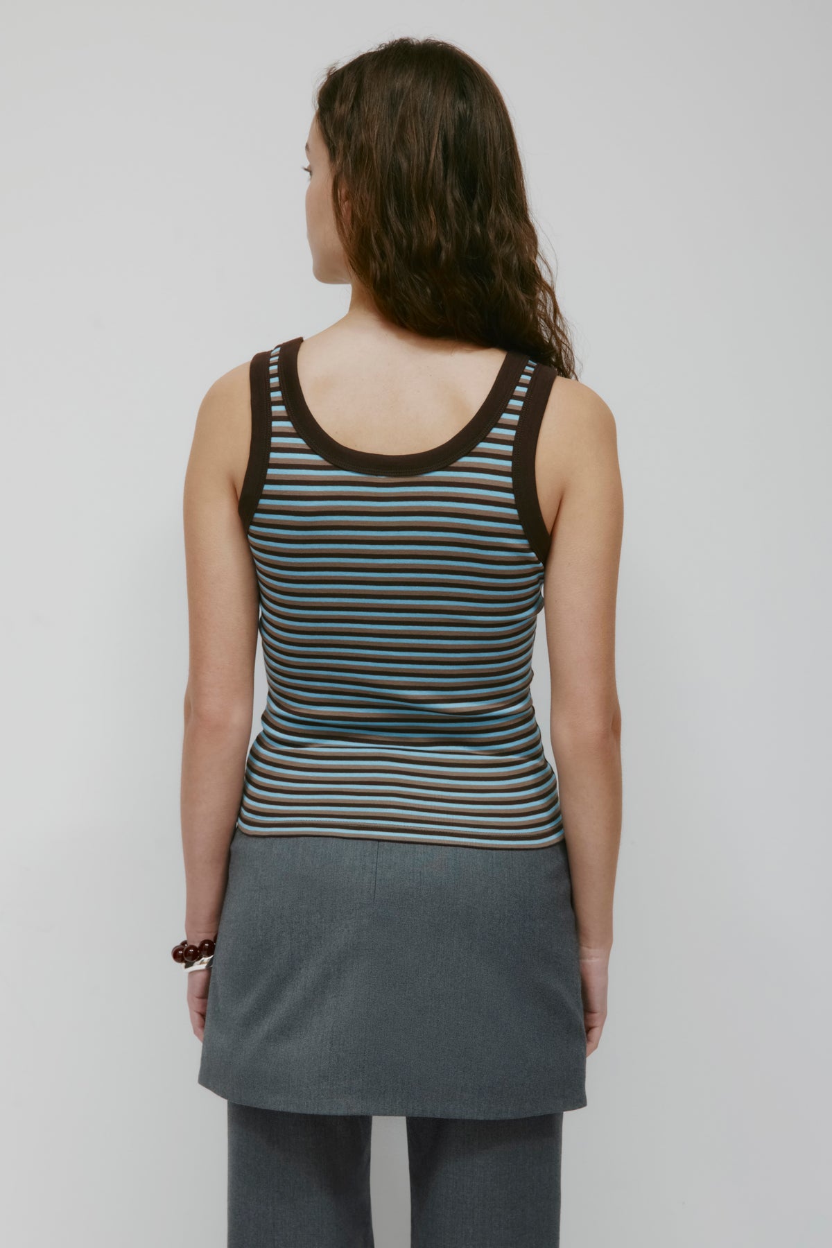 Women's Micro Rib Scoop Tank in Espresso/Taupe/Azure Stripe