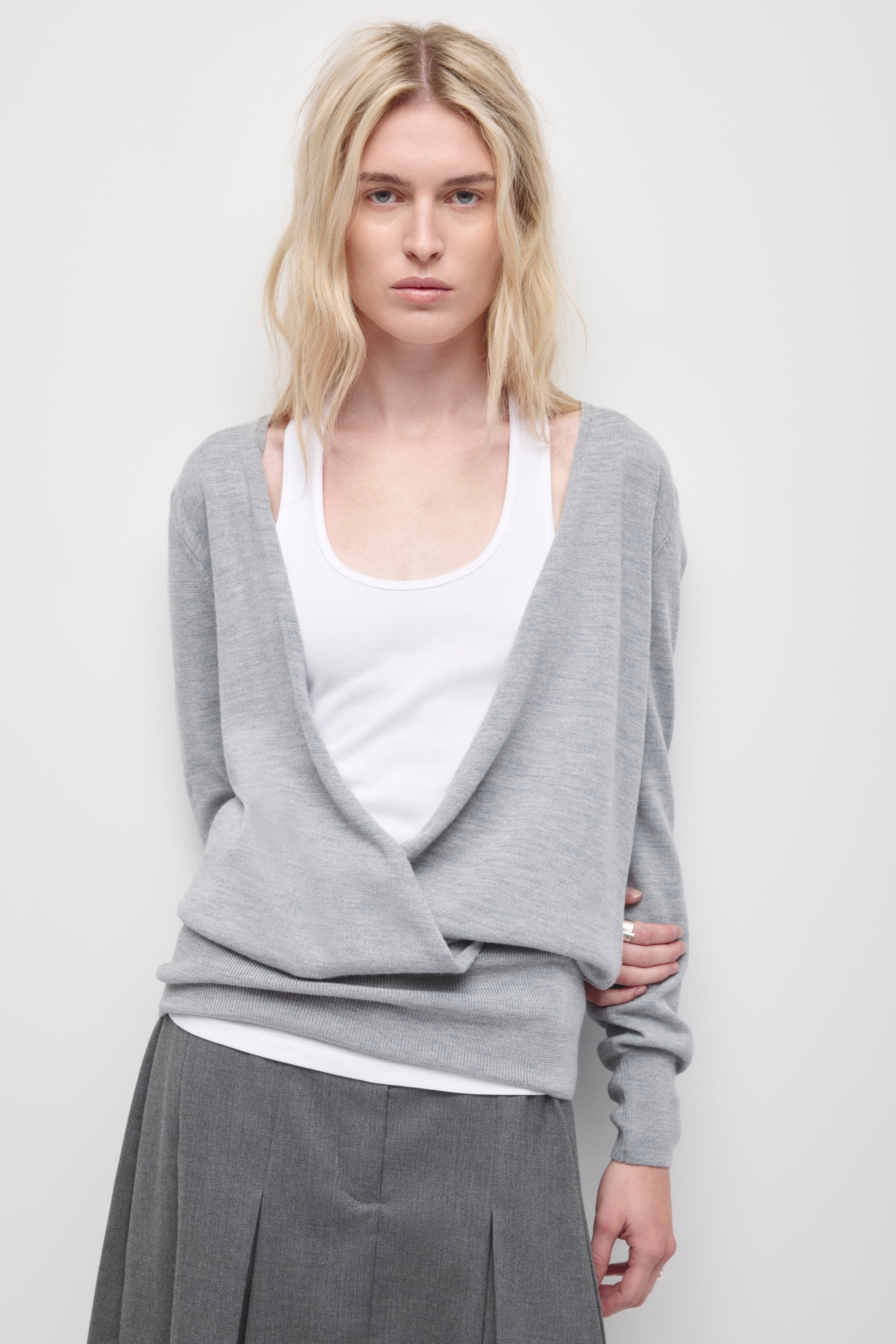 Women's Mona Merino Wrap Sweater in Light Grey Melange