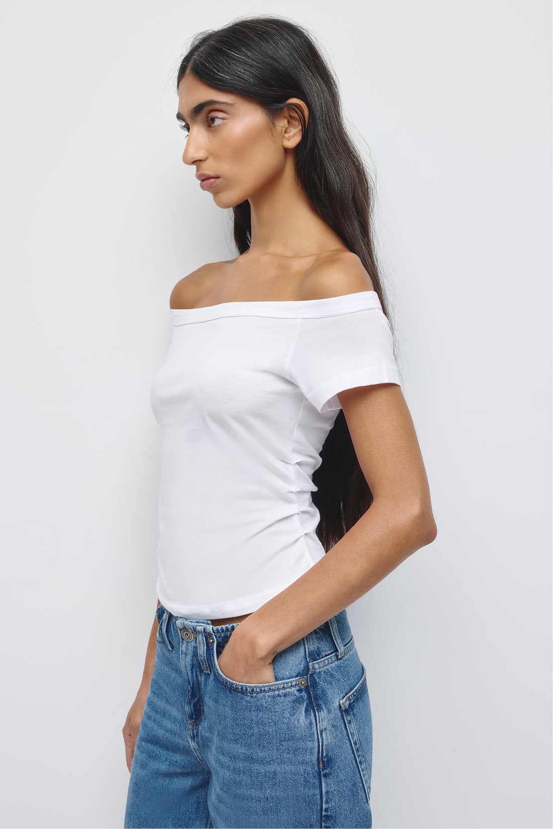 Women's Off Shoulder Ruched Tee in White
