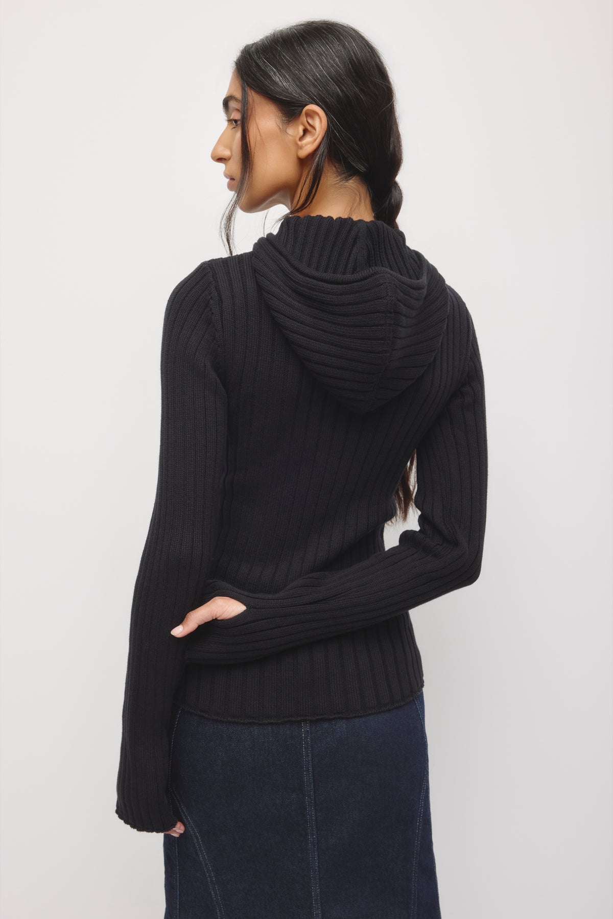 Women's Rib Full Zip Elongated Hoodie in Black