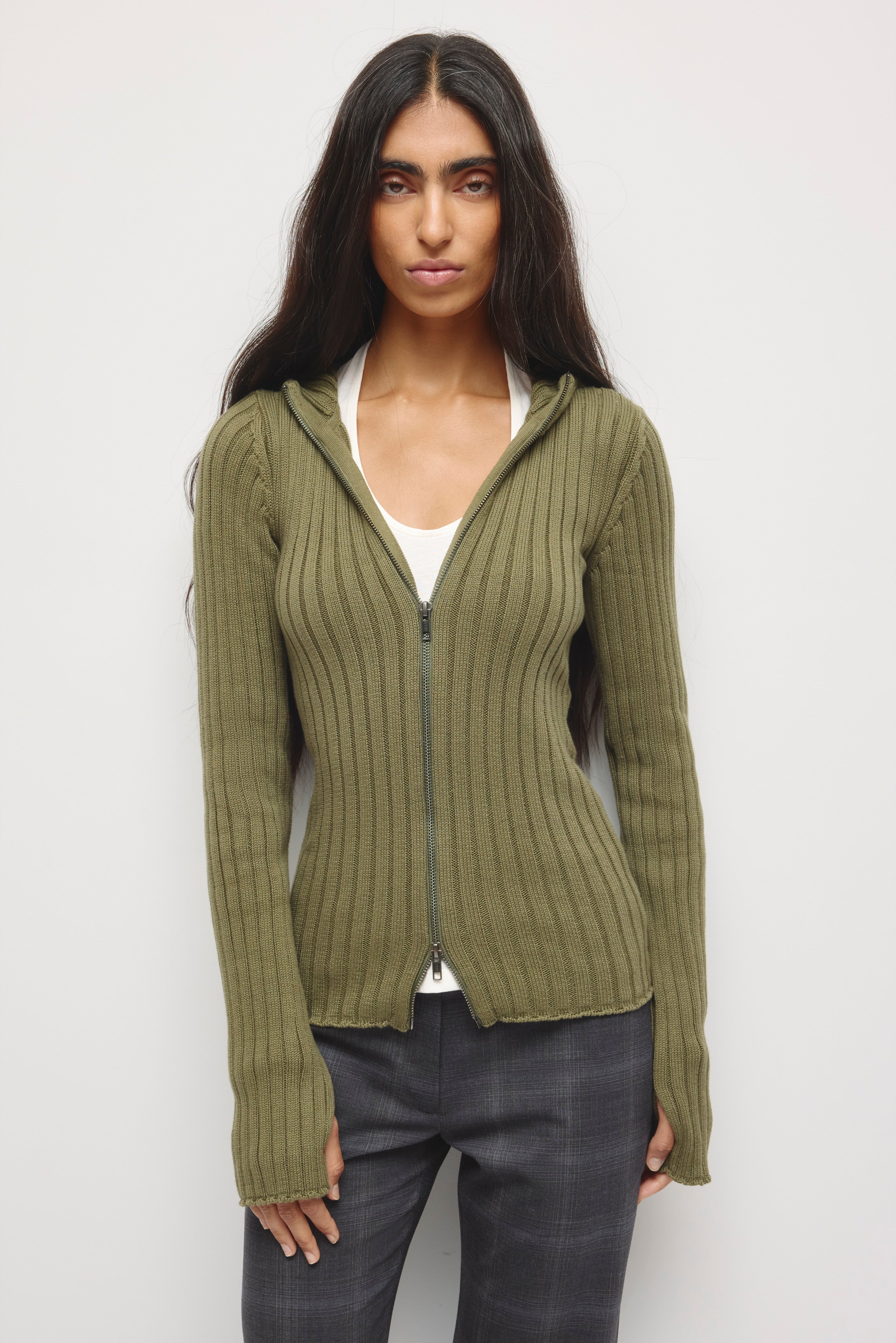 Women's Rib Full Zip Elongated Hoodie in Dusty Olive