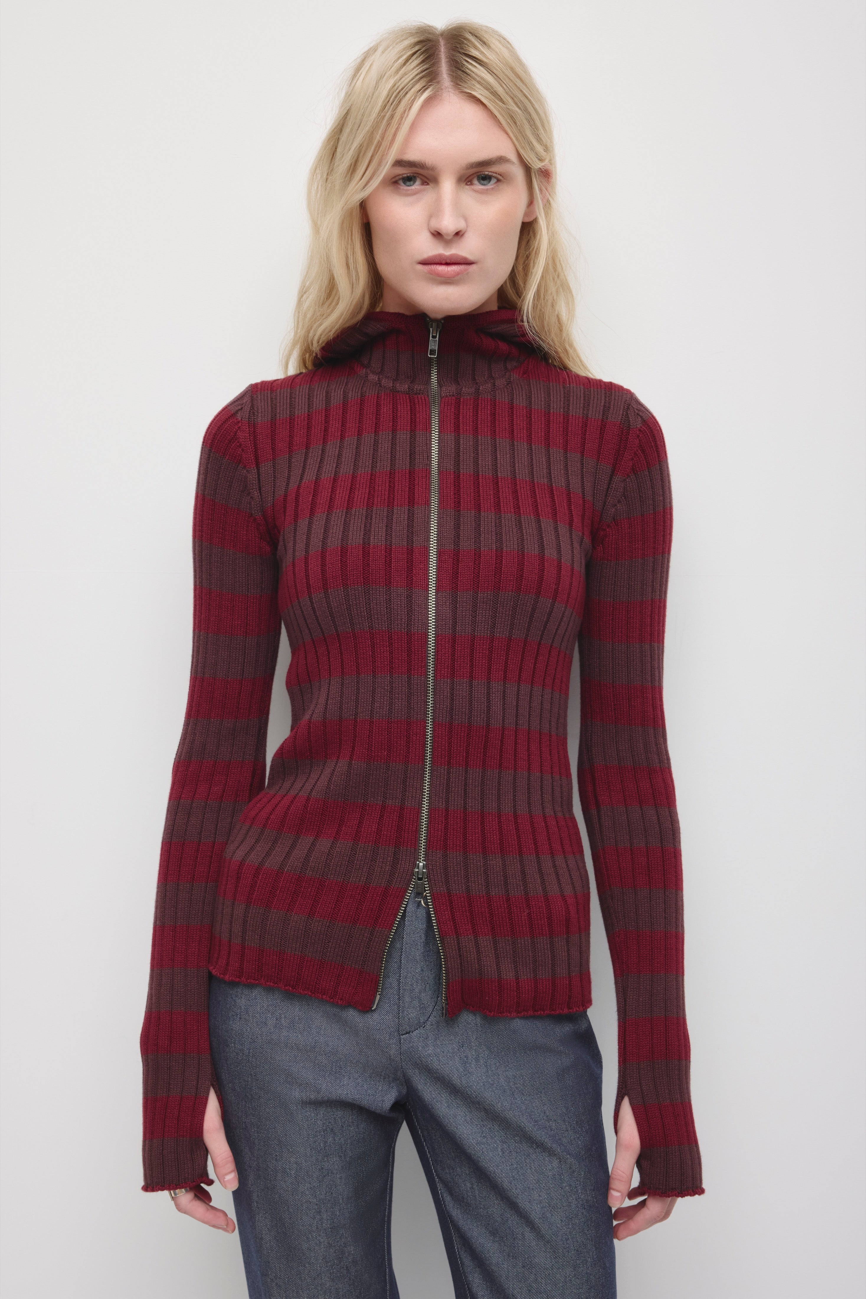 Women's Rib Full Zip Elongated Hoodie in Tawny Port/Chocolate Plum Stripe