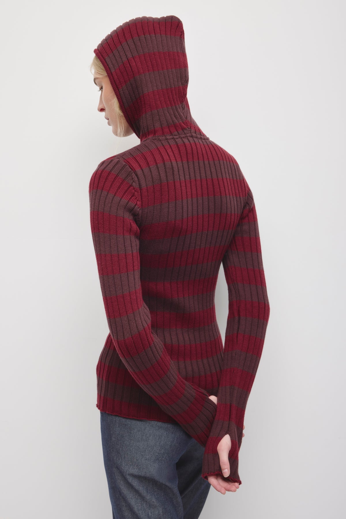 Women's Rib Full Zip Elongated Hoodie in Tawny Port/Chocolate Plum Stripe