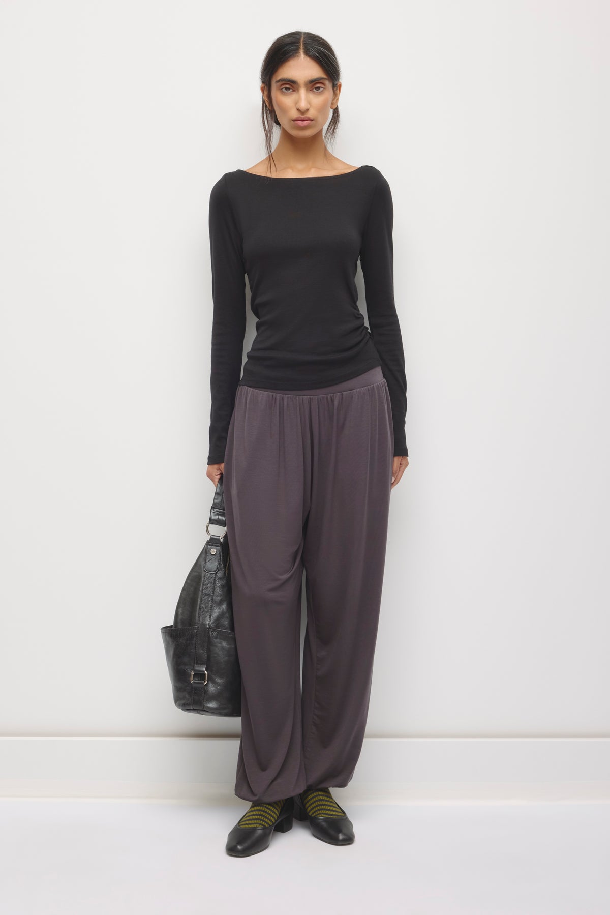 Women's Ruched Boatneck Top in Black