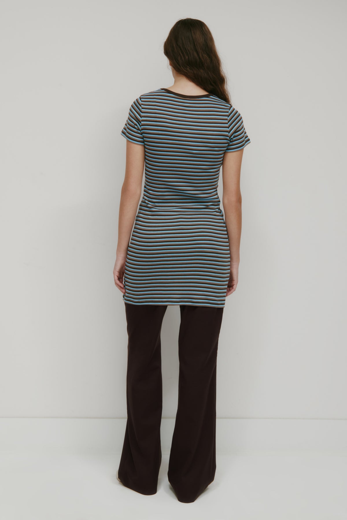 Women's Shortsleeve Mini Dress in Espresso/Taupe/Azure Stripe