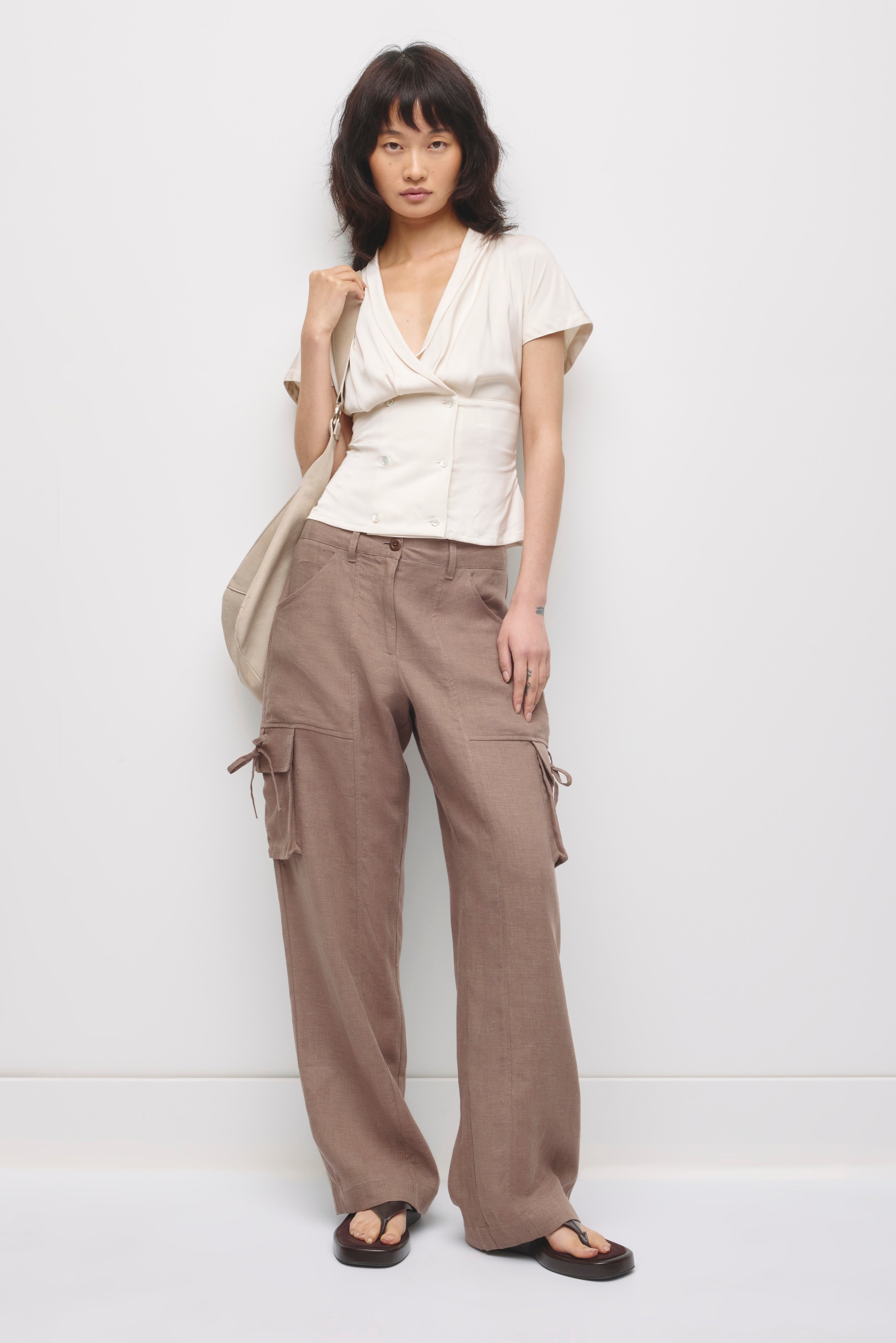 Pantalon à nouer en lin Sila pour femme en écorce